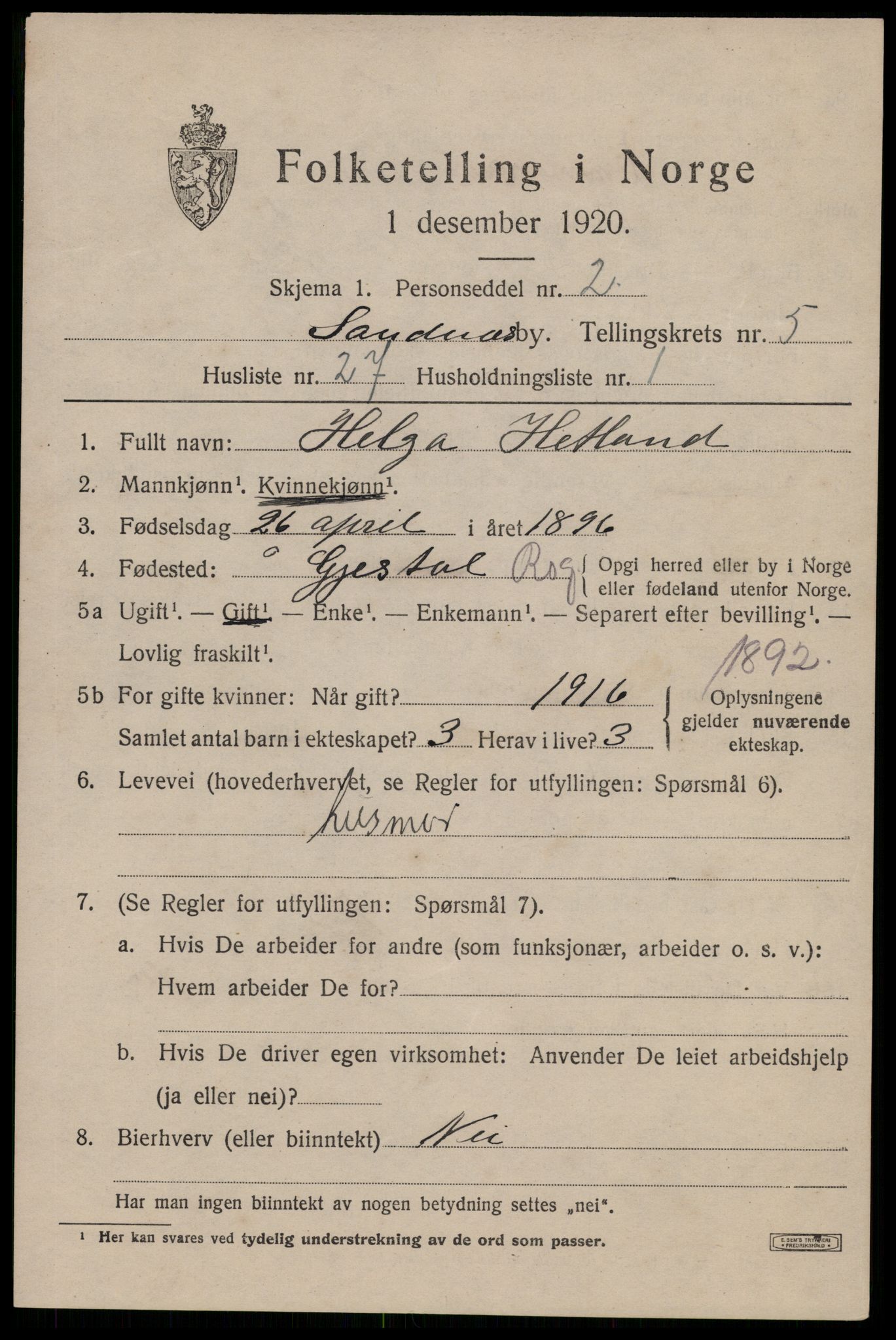 SAST, 1920 census for Sandnes, 1920, p. 4980