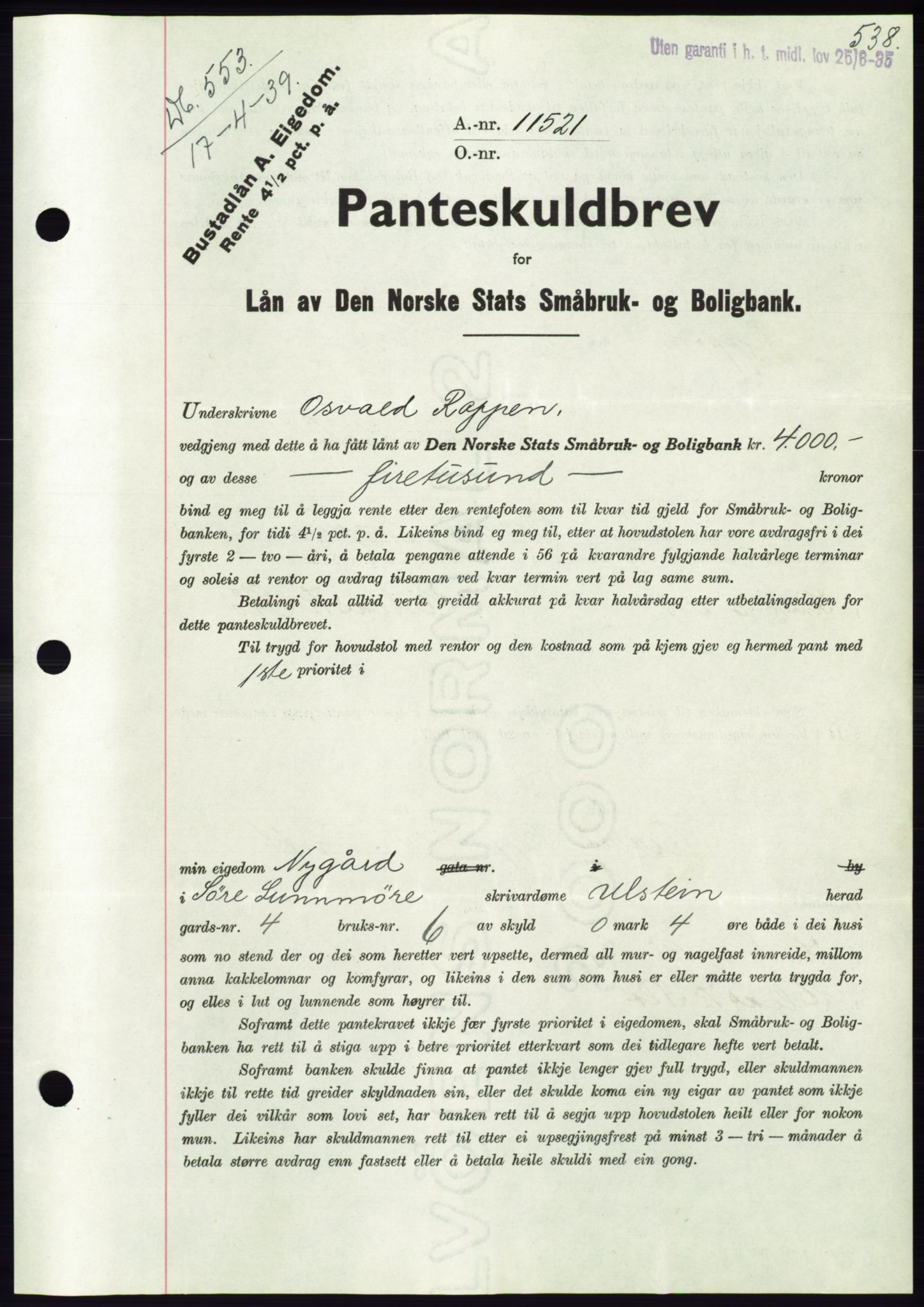 Søre Sunnmøre sorenskriveri, AV/SAT-A-4122/1/2/2C/L0067: Mortgage book no. 61, 1938-1939, Diary no: : 553/1939