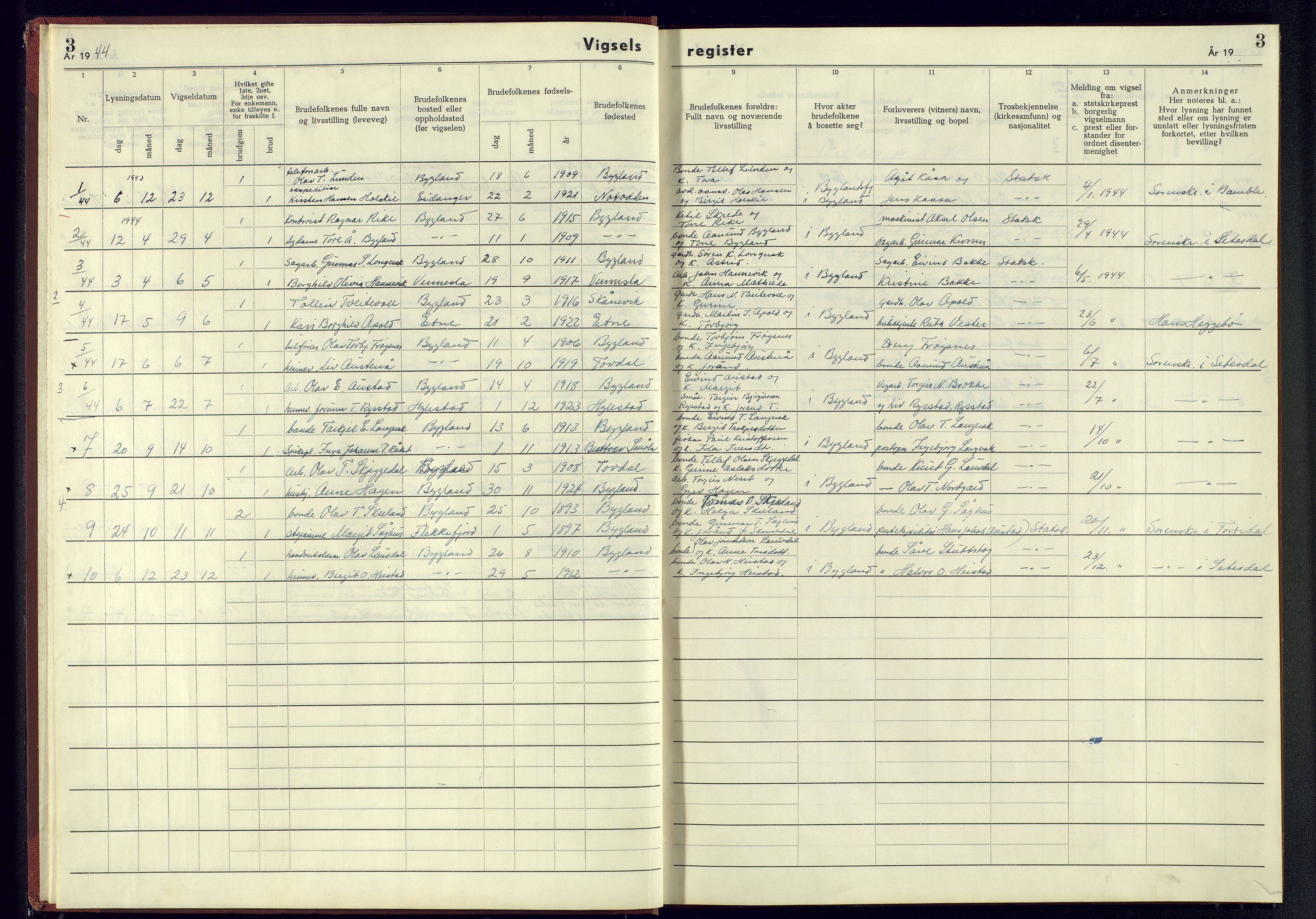 Bygland sokneprestkontor, SAK/1111-0006/J/Jb/L0002: Marriage register no. II.6.2, 1942-1945, p. 3