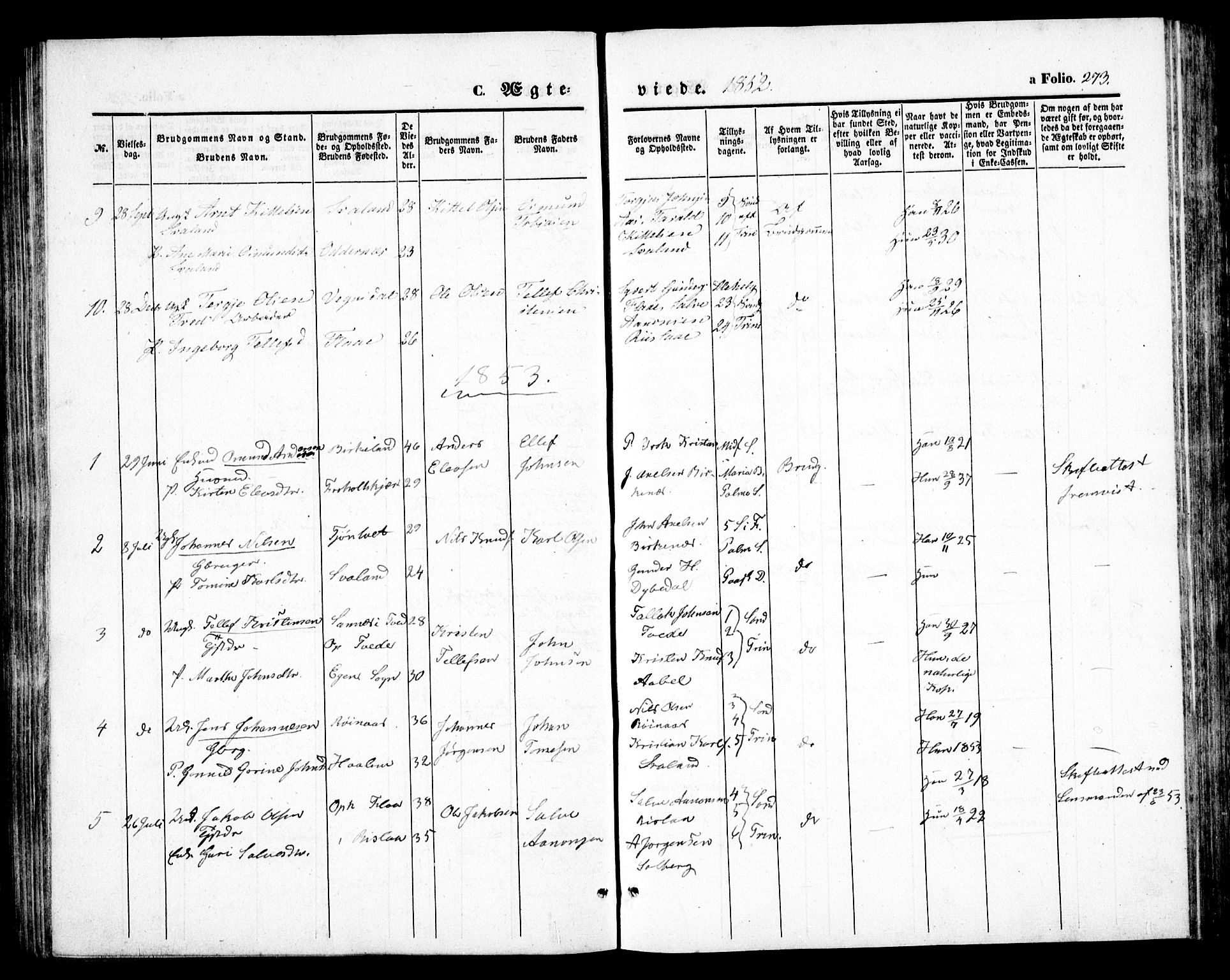 Birkenes sokneprestkontor, AV/SAK-1111-0004/F/Fb/L0002: Parish register (copy) no. B 2, 1849-1876, p. 273