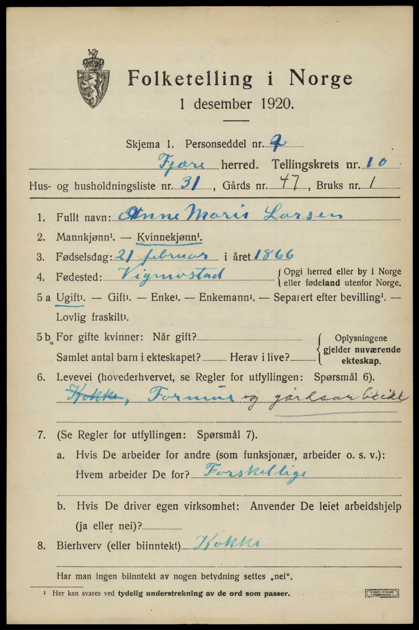 SAK, 1920 census for Fjære, 1920, p. 11717