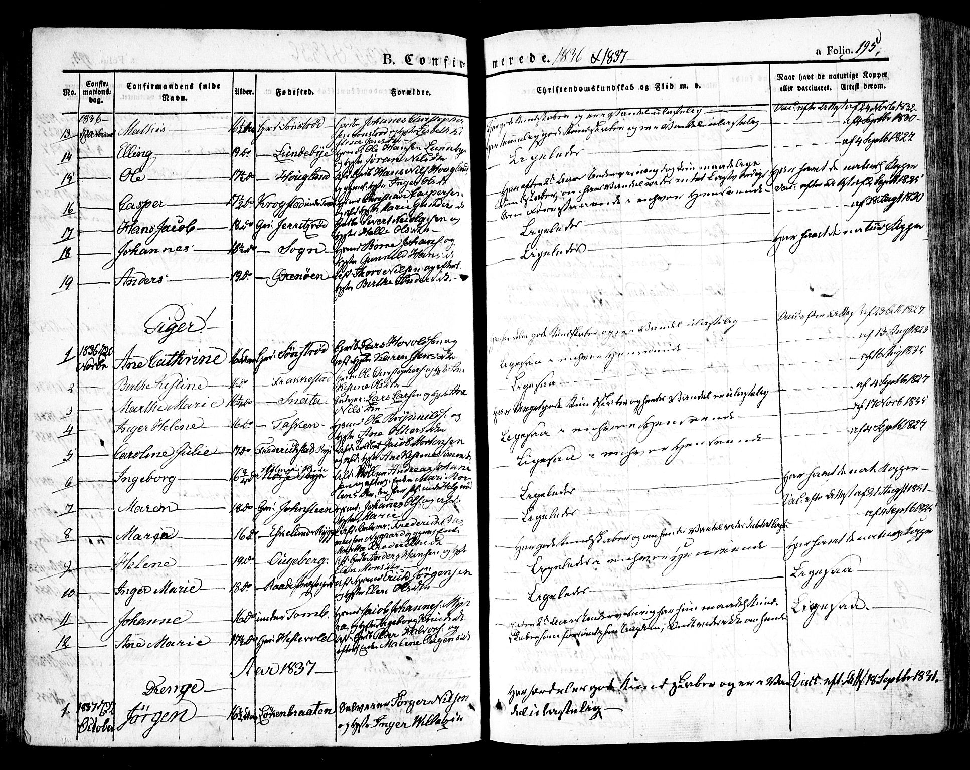 Råde prestekontor kirkebøker, SAO/A-2009/F/Fa/L0005: Parish register (official) no. 5, 1830-1853, p. 195
