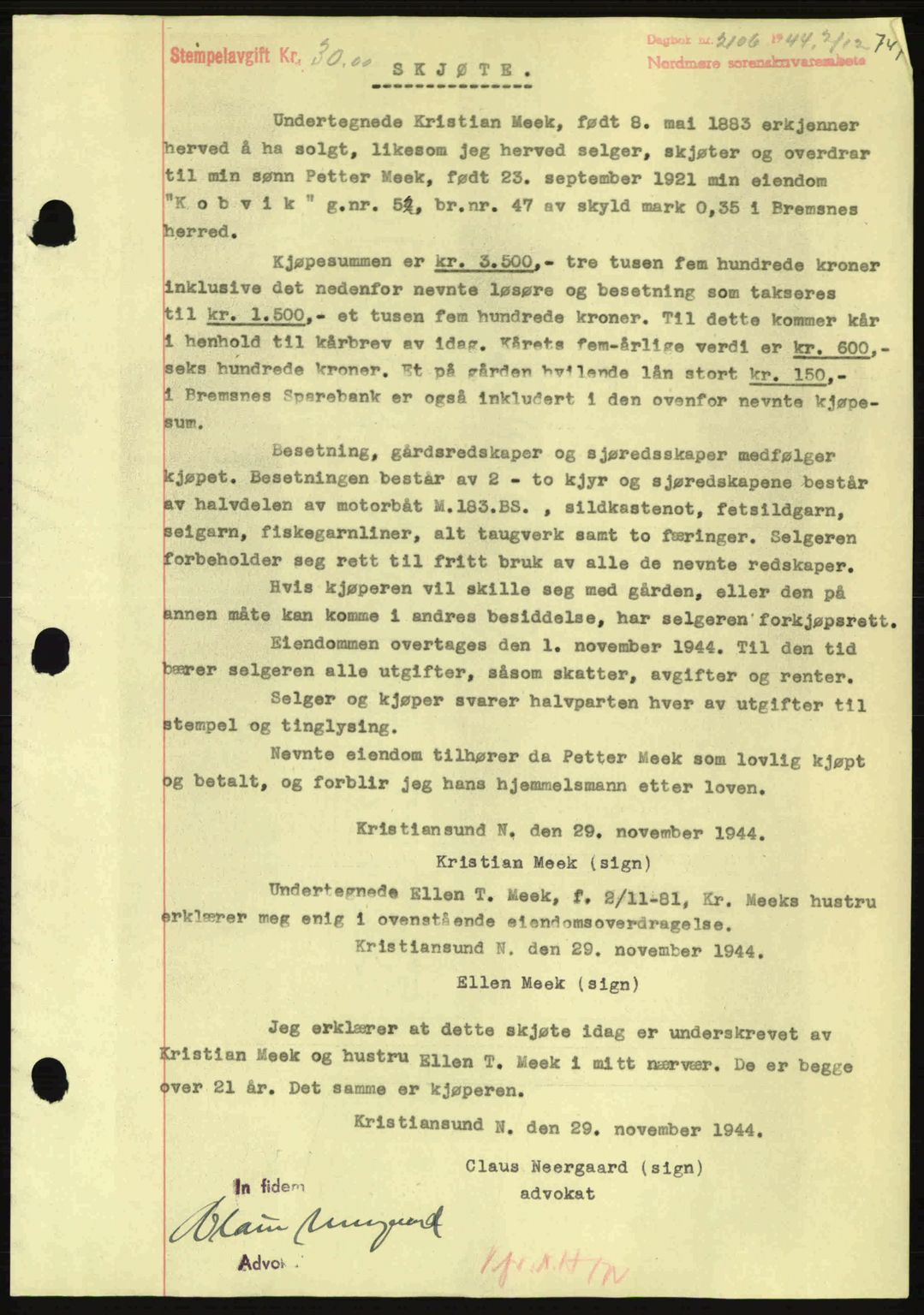 Nordmøre sorenskriveri, AV/SAT-A-4132/1/2/2Ca: Mortgage book no. A98, 1944-1944, Diary no: : 2106/1944