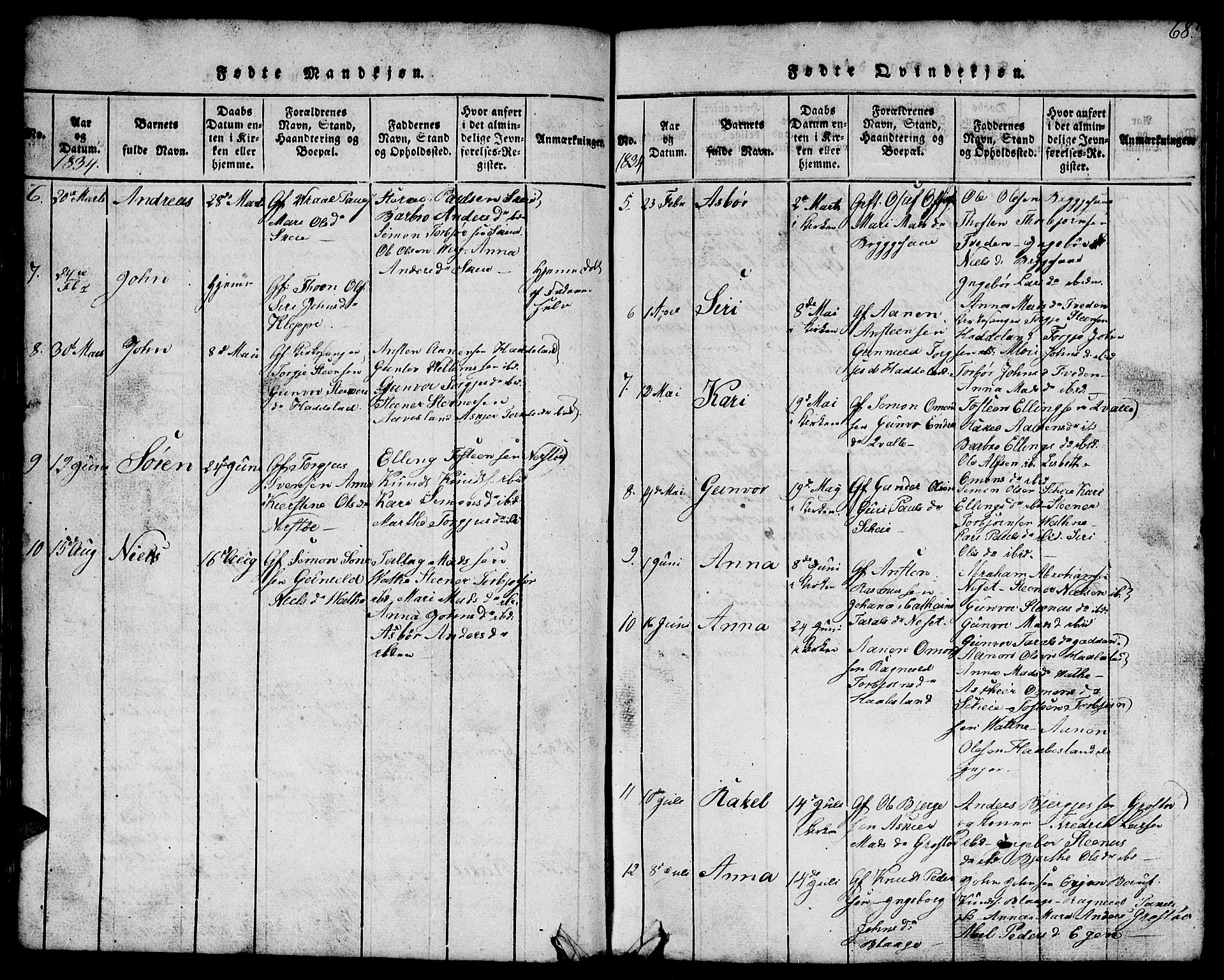 Hægebostad sokneprestkontor, SAK/1111-0024/F/Fb/Fbb/L0001: Parish register (copy) no. B 1, 1816-1850, p. 68