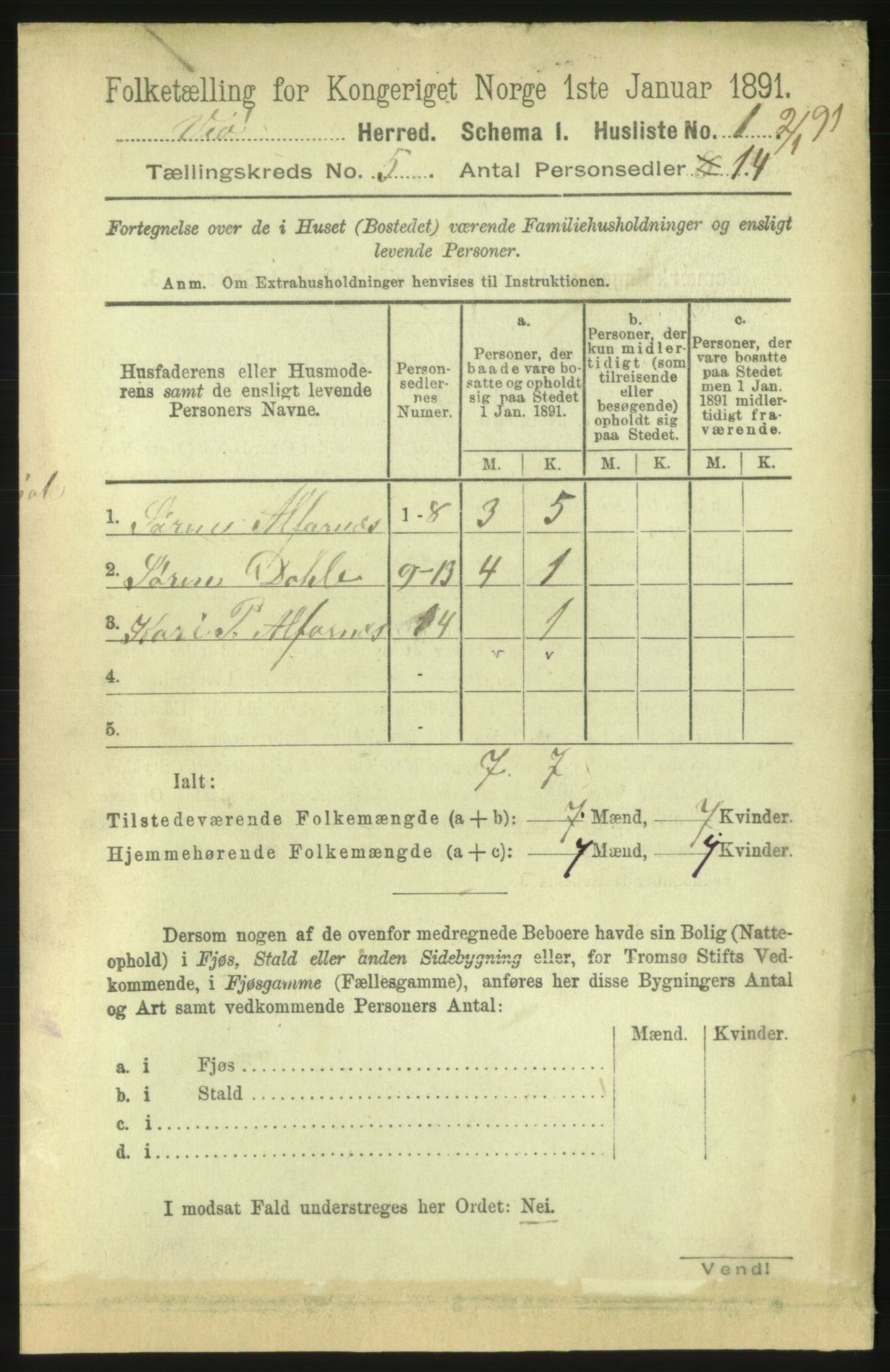 RA, 1891 census for 1541 Veøy, 1891, p. 2381