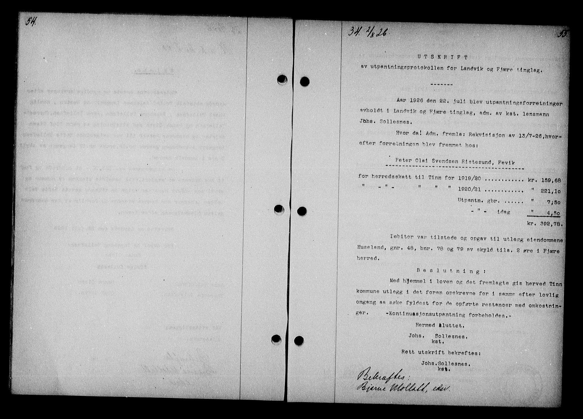 Vestre Nedenes/Sand sorenskriveri, AV/SAK-1221-0010/G/Gb/Gba/L0036: Mortgage book no. 62, 1926-1928, p. 54-55