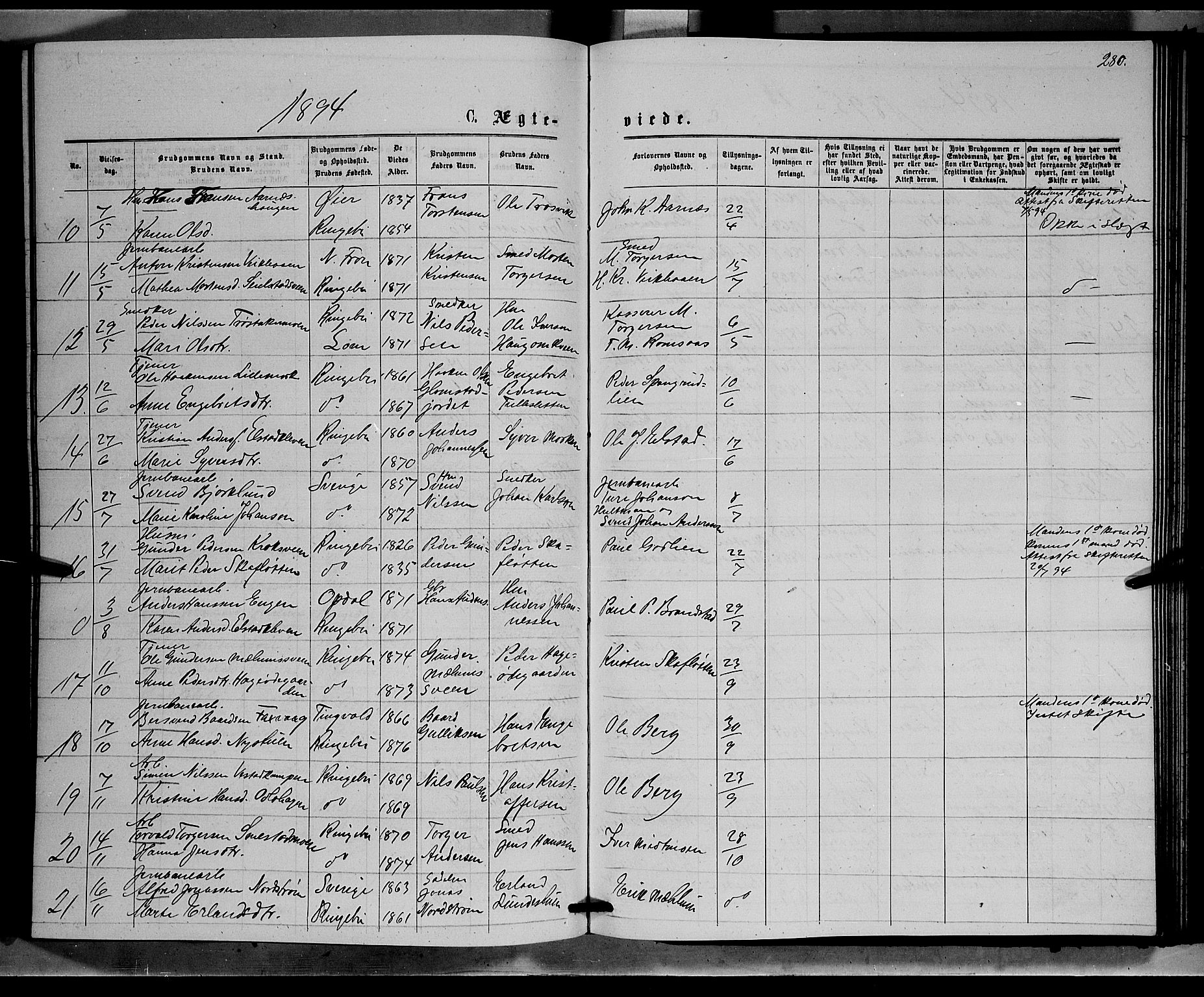 Ringebu prestekontor, AV/SAH-PREST-082/H/Ha/Hab/L0006: Parish register (copy) no. 6, 1880-1898, p. 280