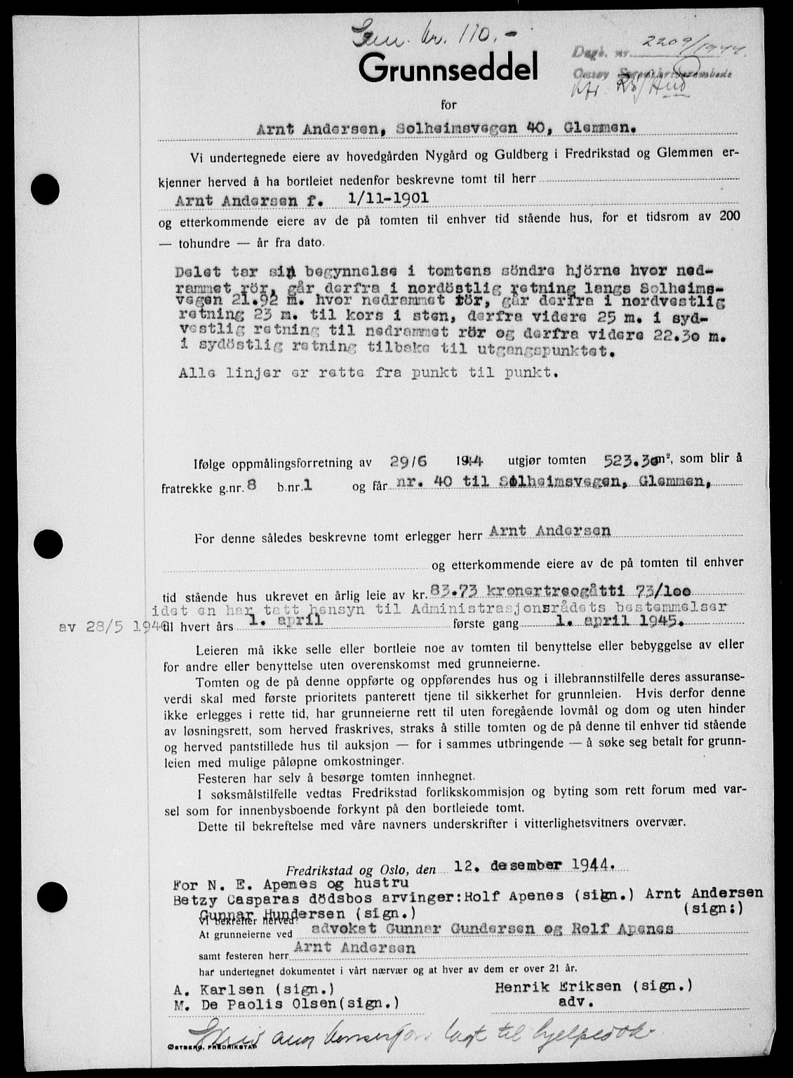 Onsøy sorenskriveri, SAO/A-10474/G/Ga/Gab/L0014: Mortgage book no. II A-14, 1944-1945, Diary no: : 2209/1944