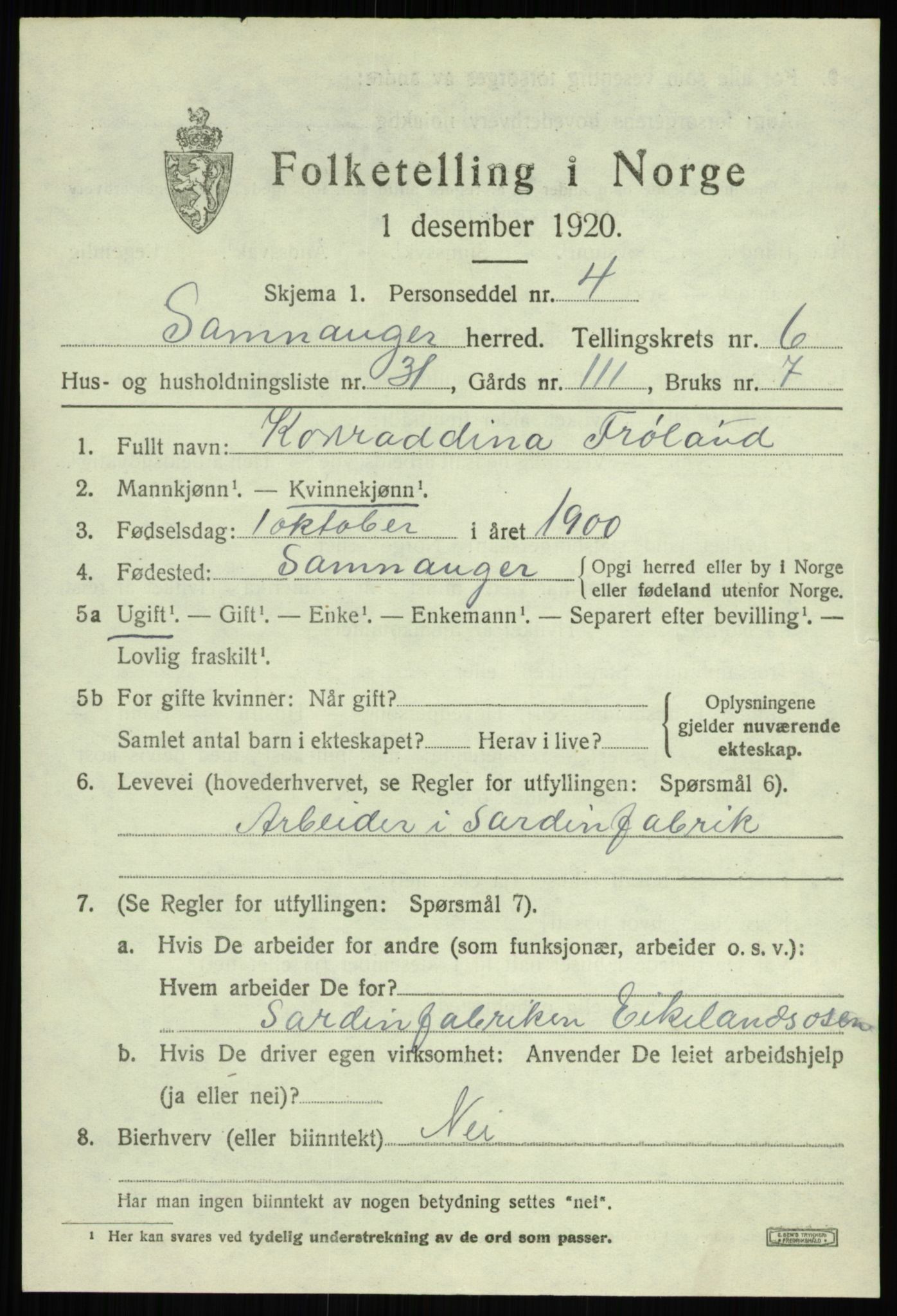 SAB, 1920 census for Samnanger, 1920, p. 2775