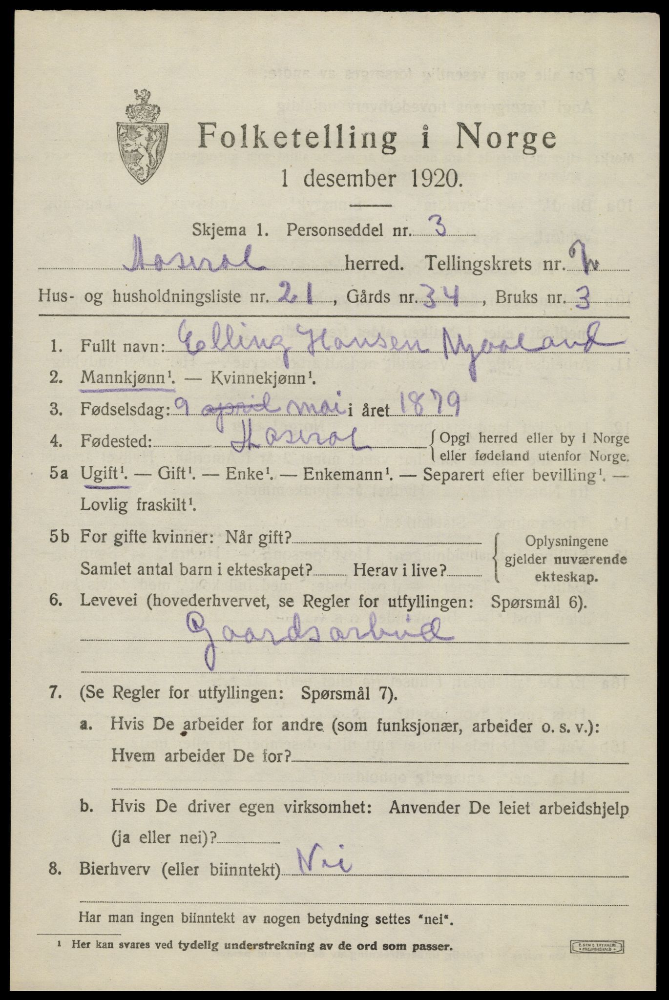 SAK, 1920 census for Åseral, 1920, p. 978