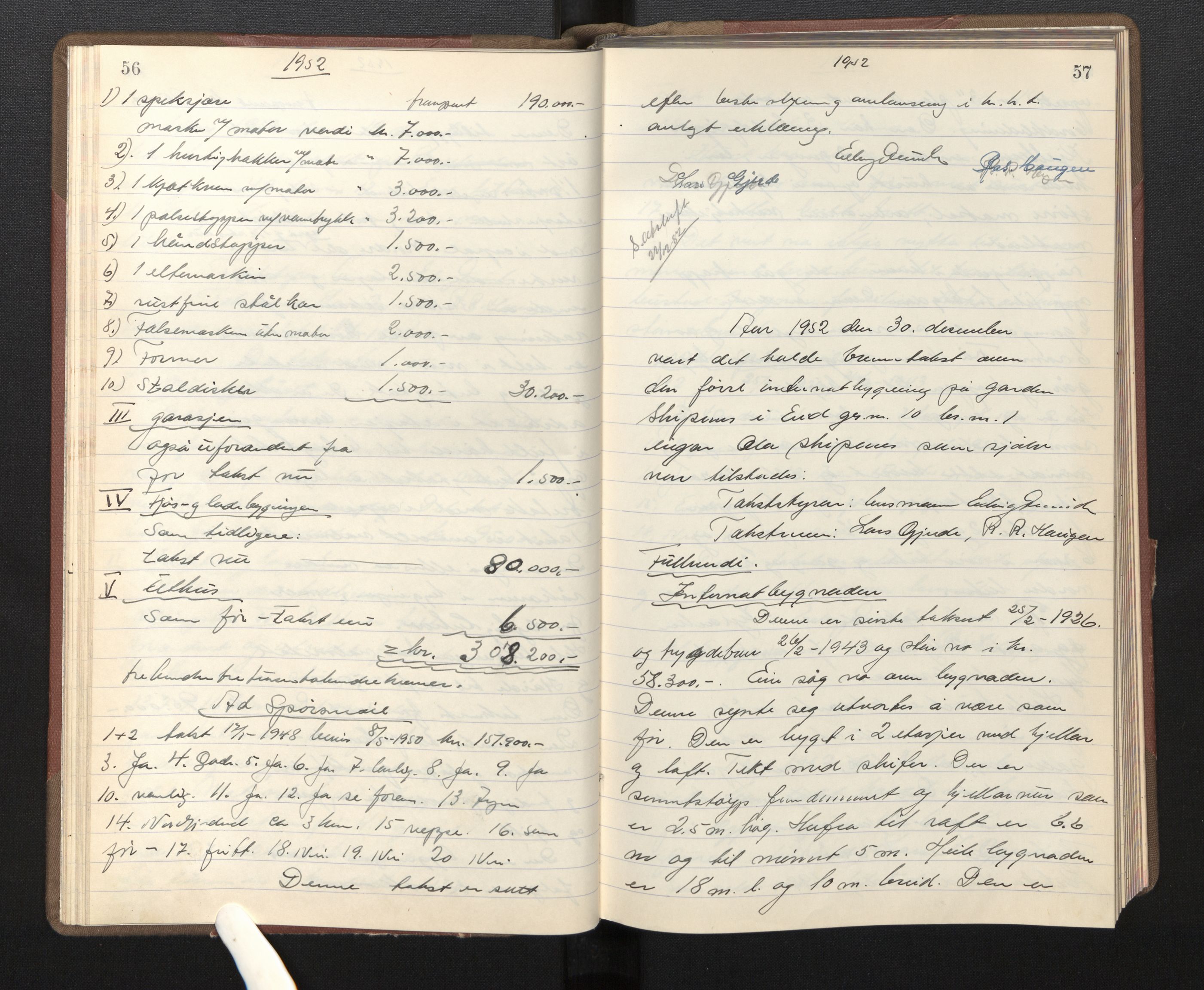 Lensmannen i Eid, AV/SAB-A-27001/0012/L0006: Branntakstprotokoll, 1952, p. 56-57