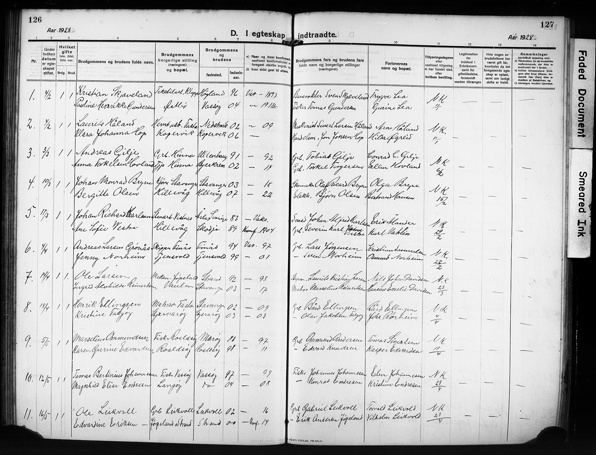 Hetland sokneprestkontor, SAST/A-101826/30/30BB/L0009: Parish register (copy) no. B 9, 1910-1931, p. 126-127