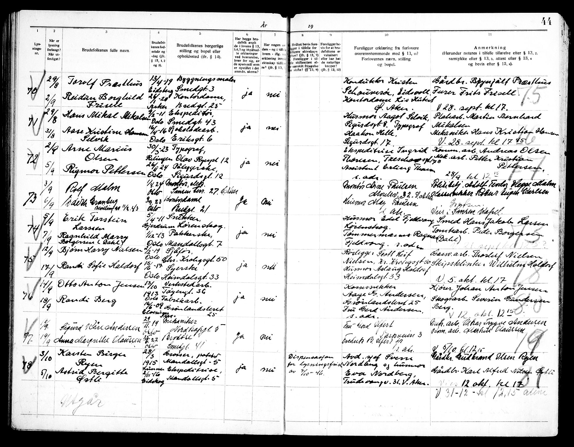 Grønland prestekontor Kirkebøker, AV/SAO-A-10848/H/Ha/L0004: Banns register no. 4, 1939-1951, p. 44