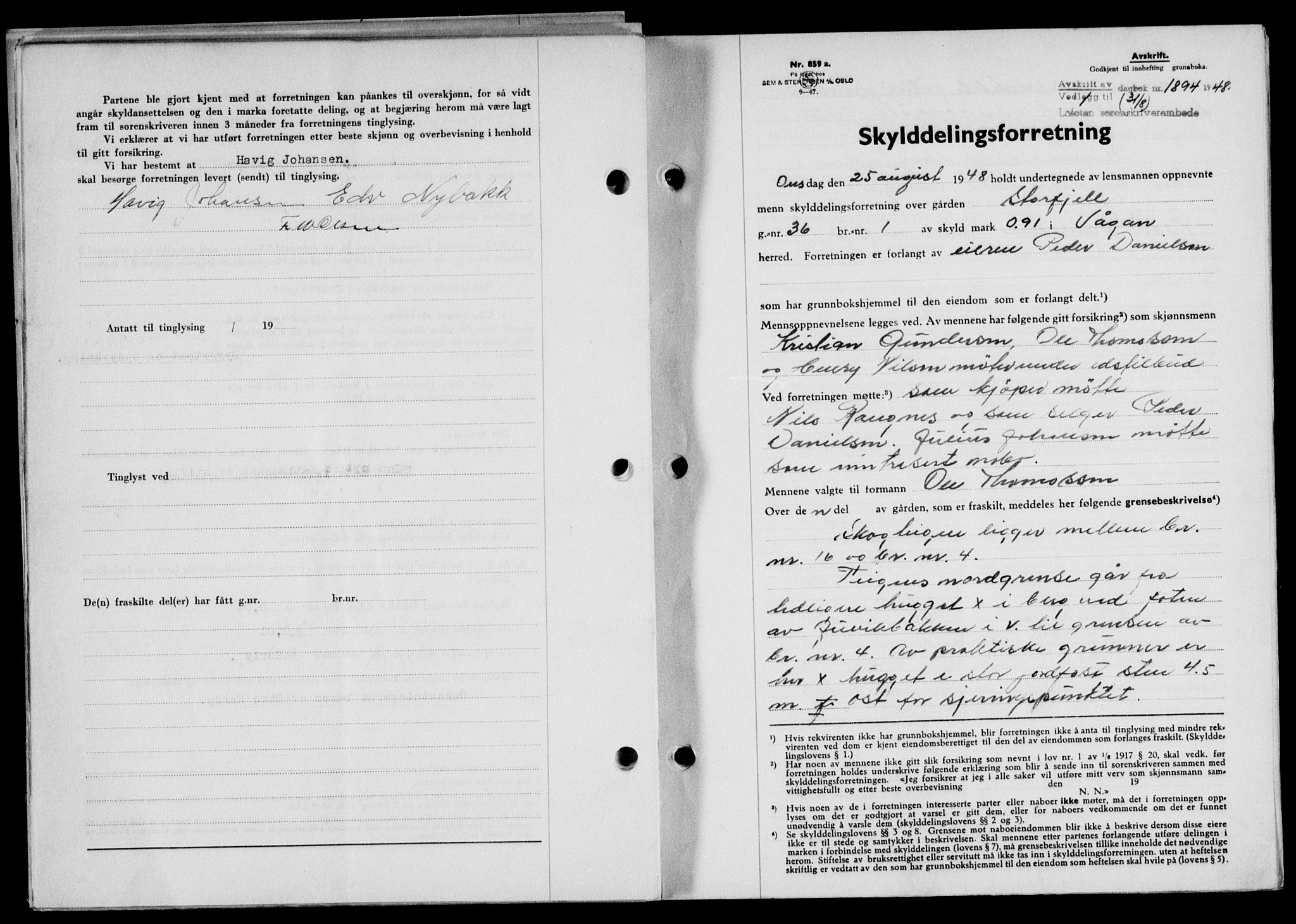 Lofoten sorenskriveri, SAT/A-0017/1/2/2C/L0019a: Mortgage book no. 19a, 1948-1948, Diary no: : 1894/1948