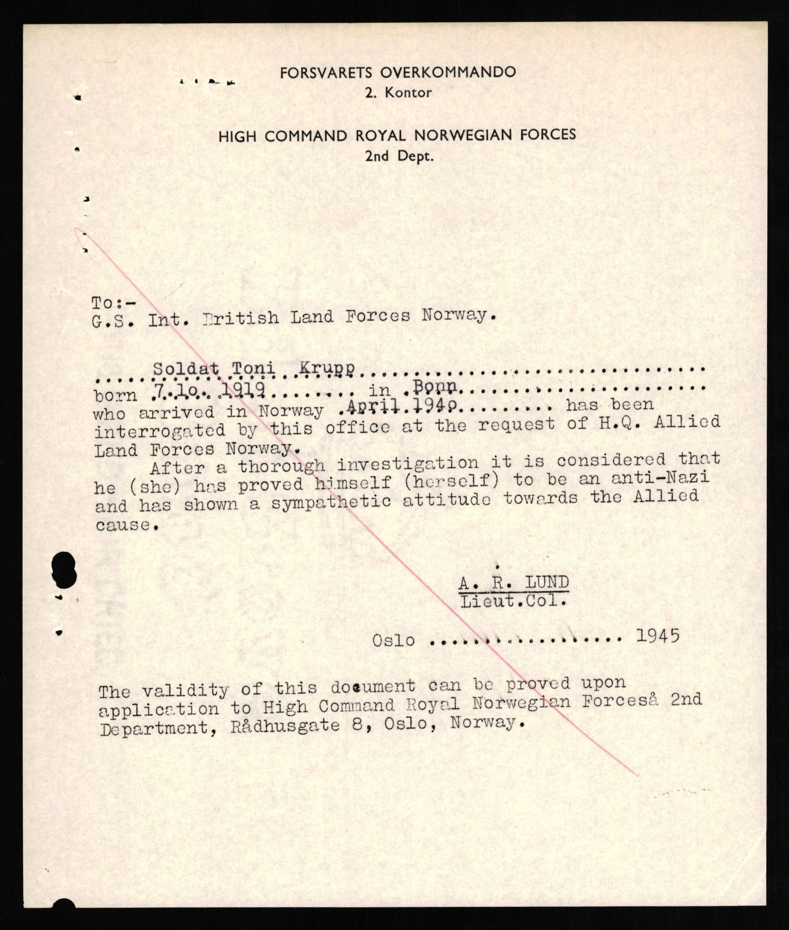 Forsvaret, Forsvarets overkommando II, AV/RA-RAFA-3915/D/Db/L0018: CI Questionaires. Tyske okkupasjonsstyrker i Norge. Tyskere., 1945-1946, p. 373