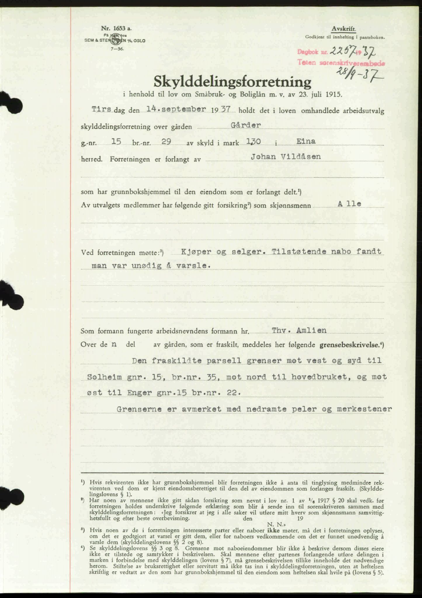 Toten tingrett, SAH/TING-006/H/Hb/Hbc/L0003: Mortgage book no. Hbc-03, 1937-1938, Diary no: : 2257/1937