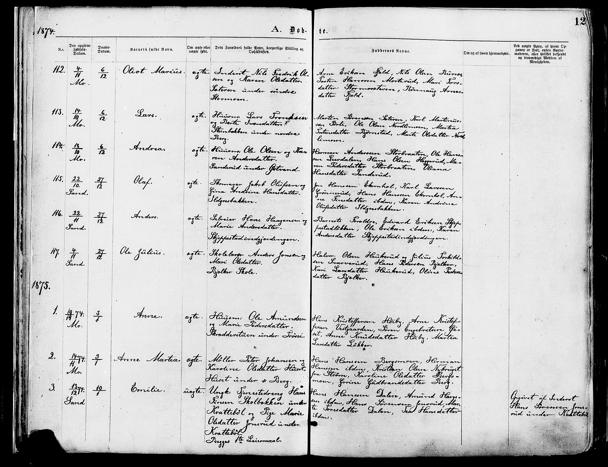 Nord-Odal prestekontor, AV/SAH-PREST-032/H/Ha/Haa/L0005: Parish register (official) no. 5, 1874-1885, p. 12