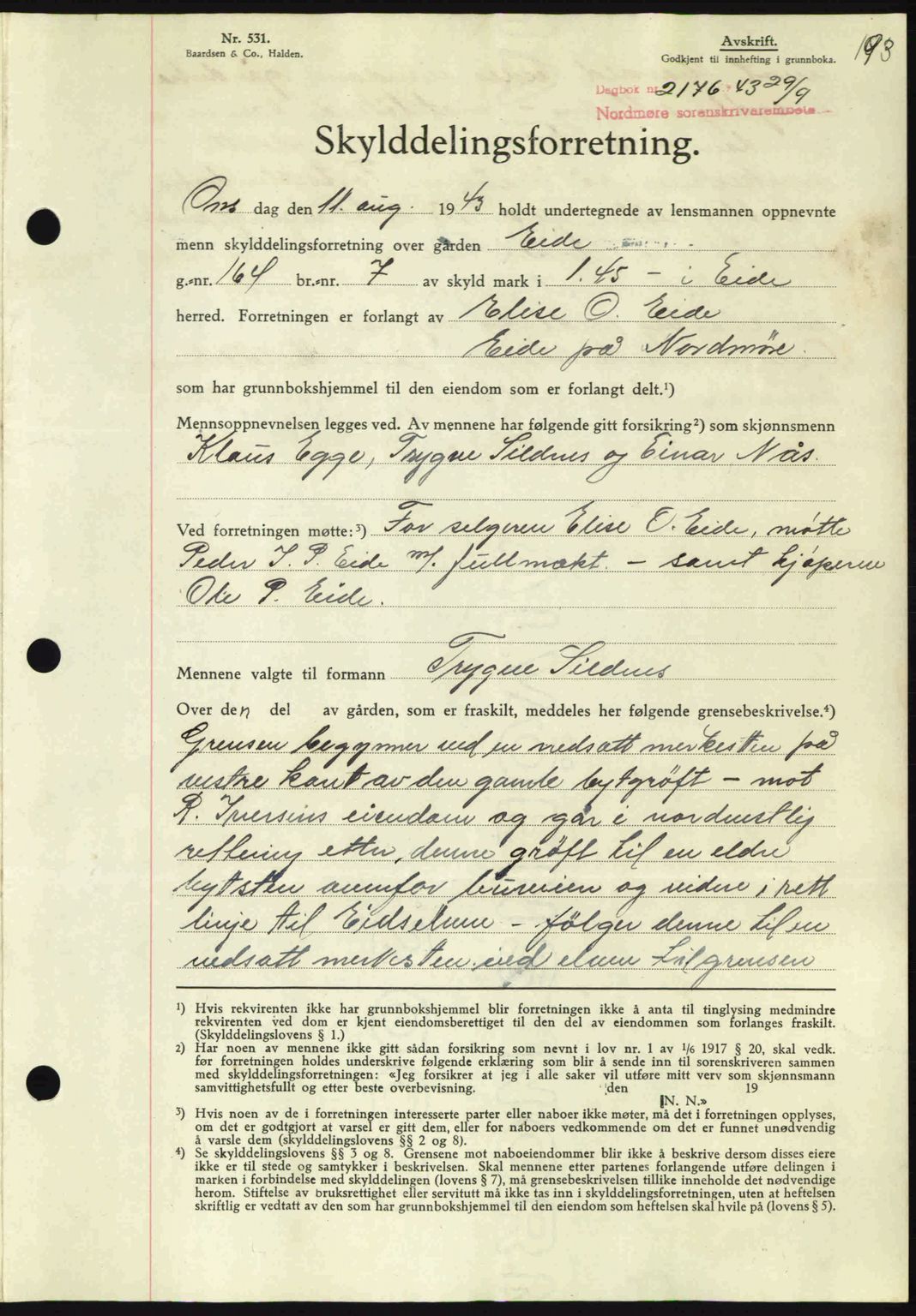 Nordmøre sorenskriveri, SAT/A-4132/1/2/2Ca: Mortgage book no. A96, 1943-1944, Diary no: : 2176/1943