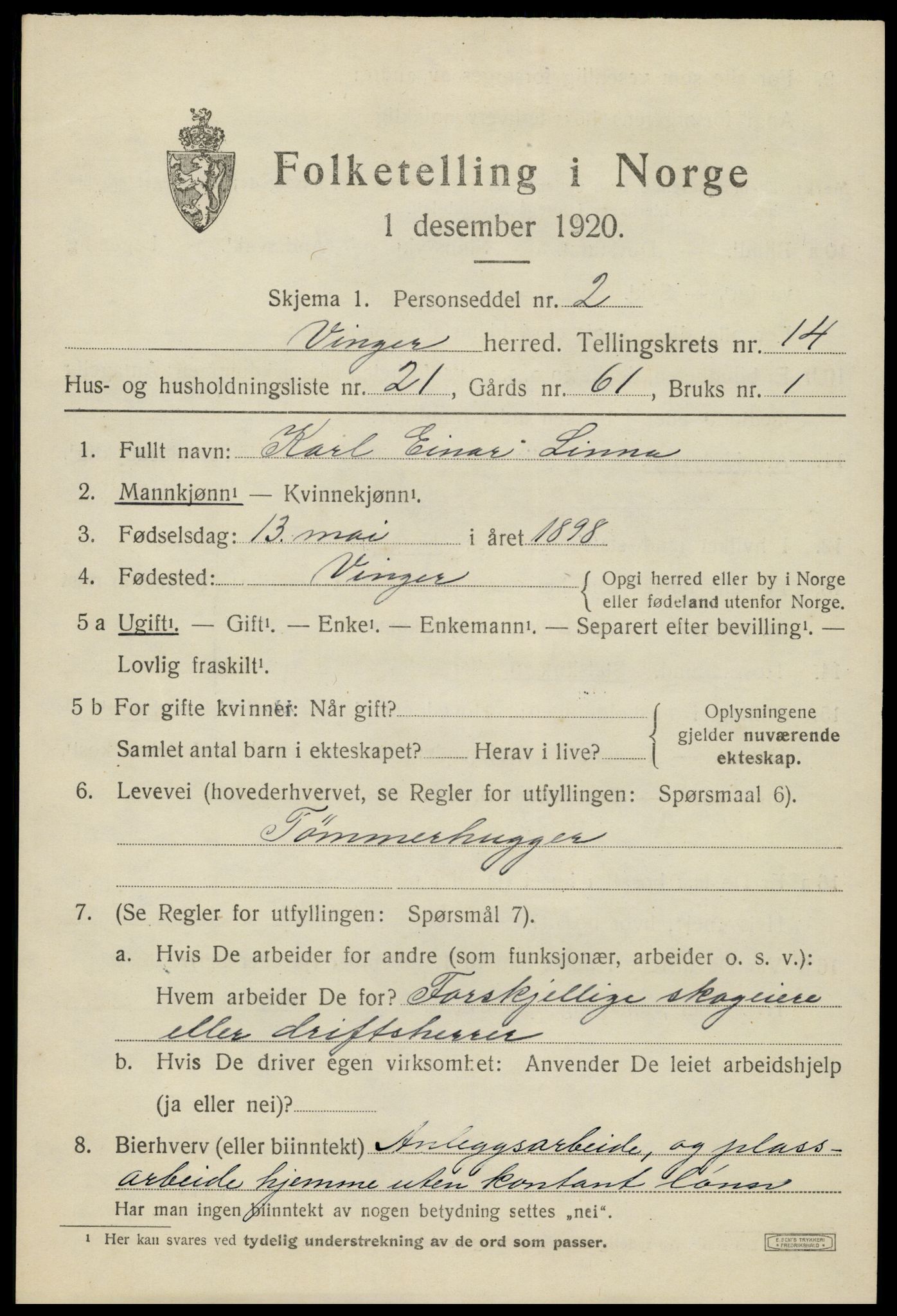 SAH, 1920 census for Vinger, 1920, p. 11606