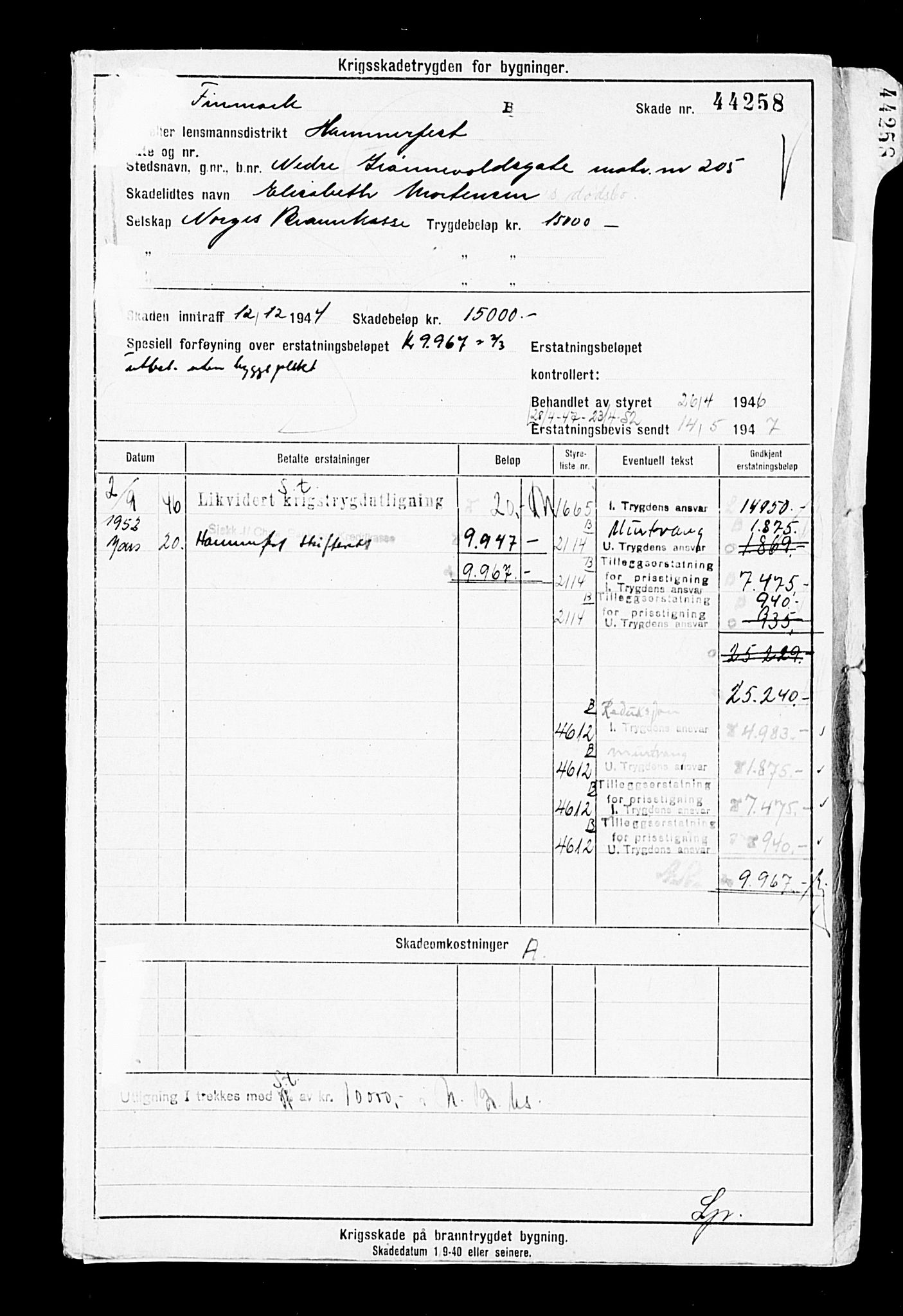 Krigsskadetrygdene for bygninger og løsøre, AV/RA-S-1548/V/L0008: Bygning. Trygdete skader inntruffet etter 1/9-40. Skadenr. 44251-46652., 1940-1945