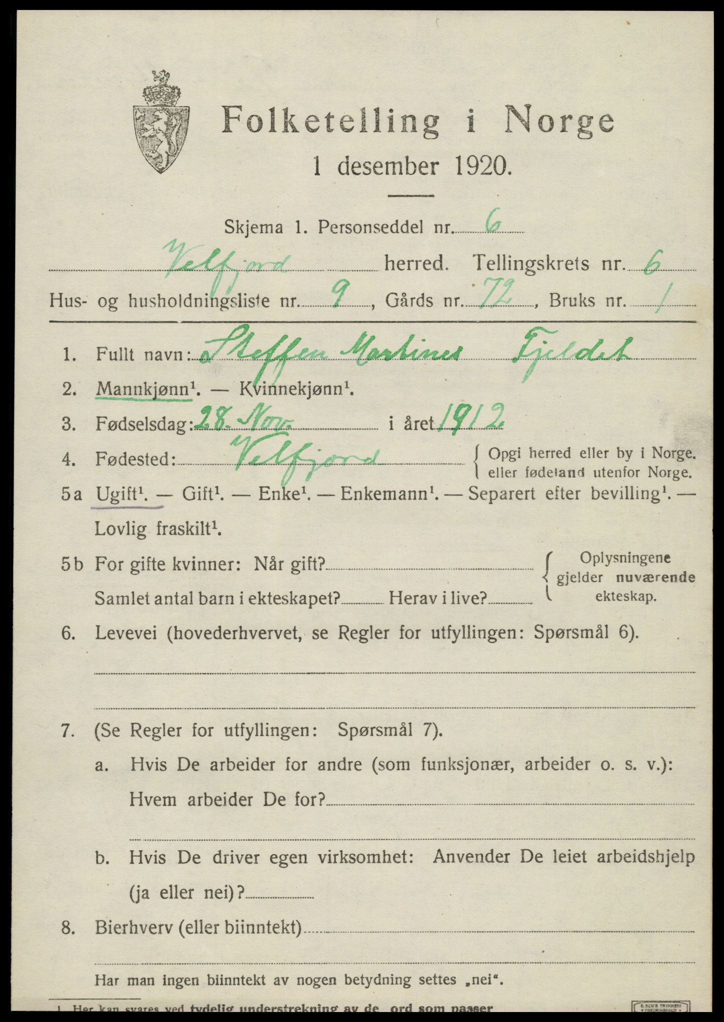 SAT, 1920 census for Velfjord, 1920, p. 3499