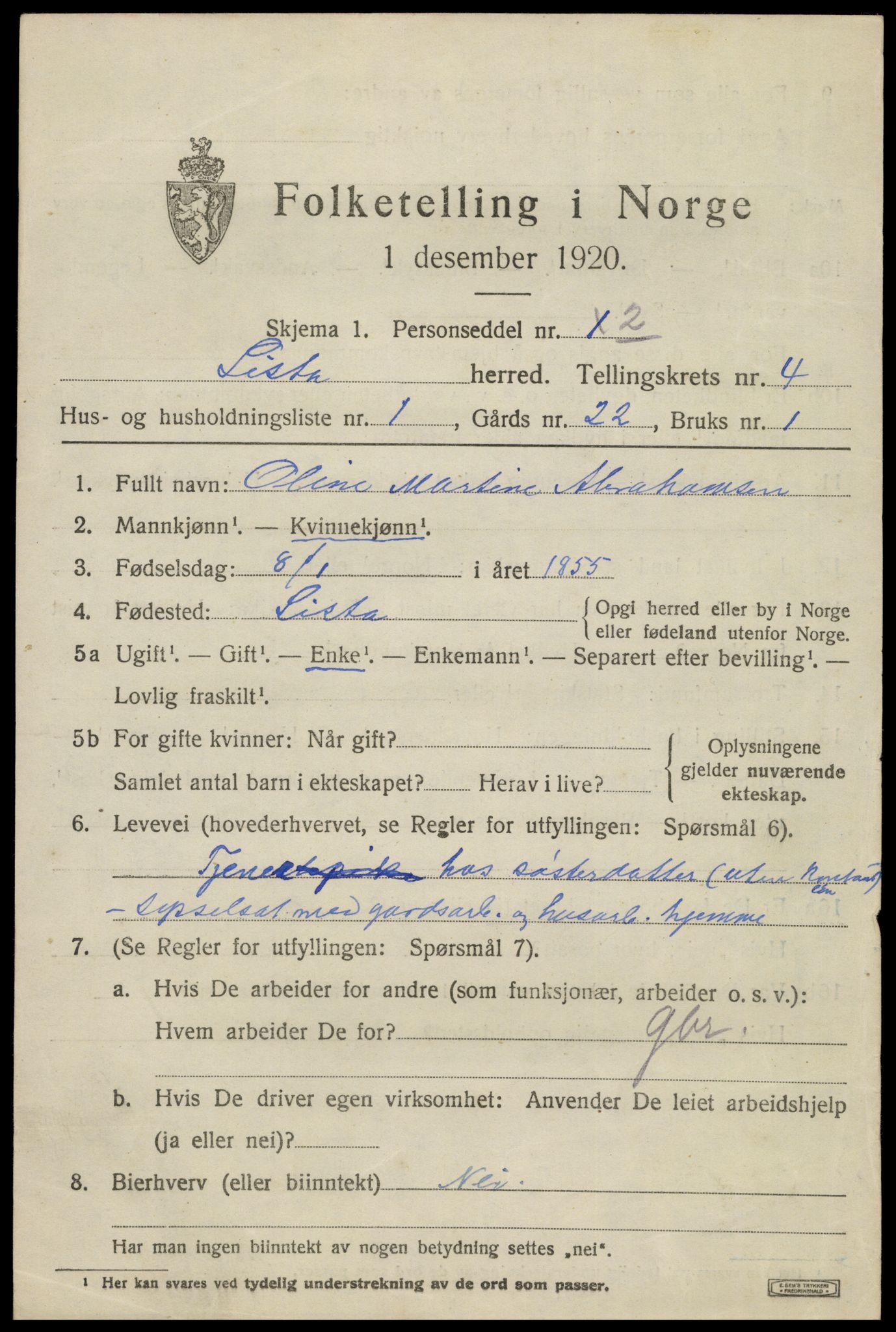 SAK, 1920 census for Lista, 1920, p. 4737