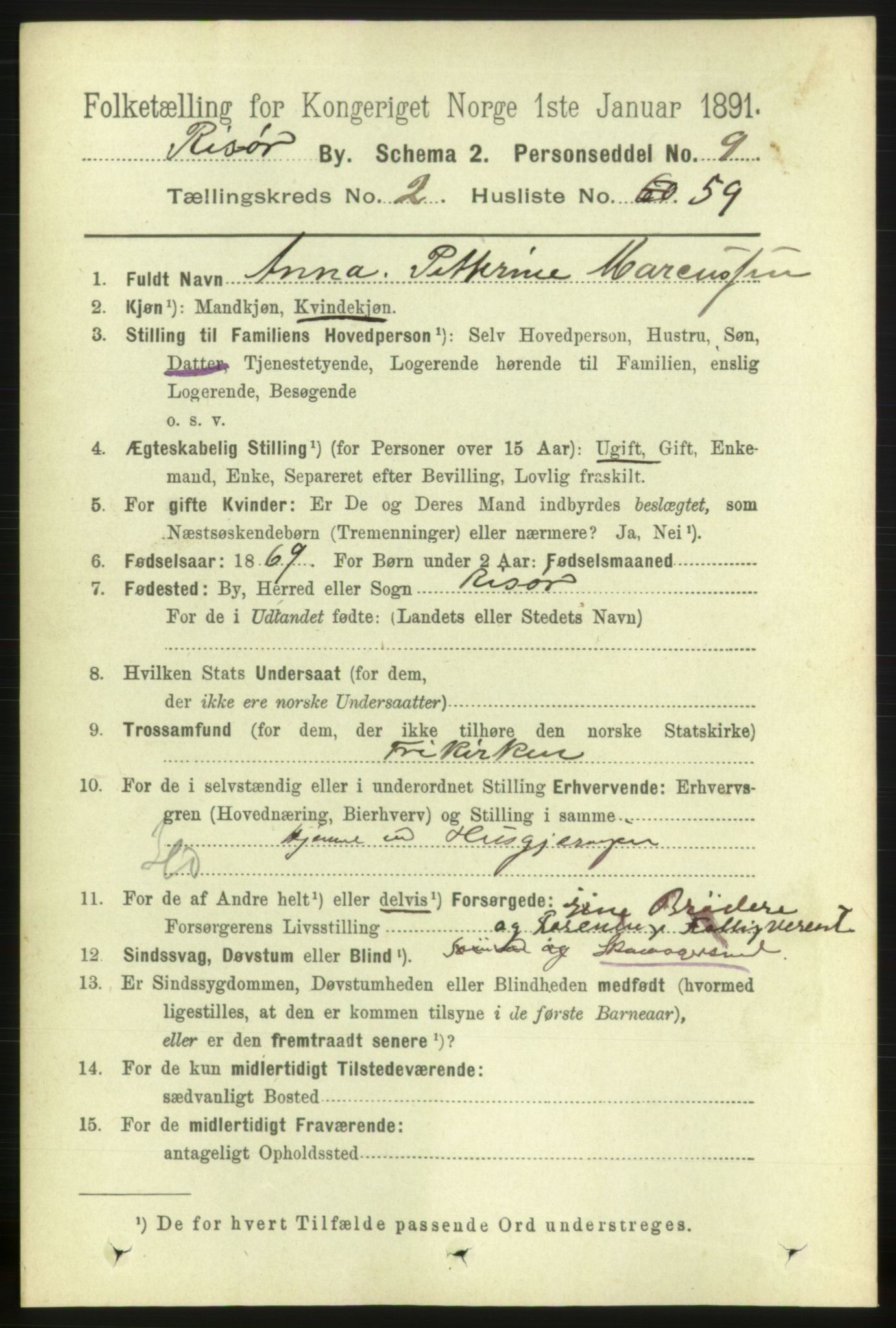 RA, 1891 census for 0901 Risør, 1891, p. 2465