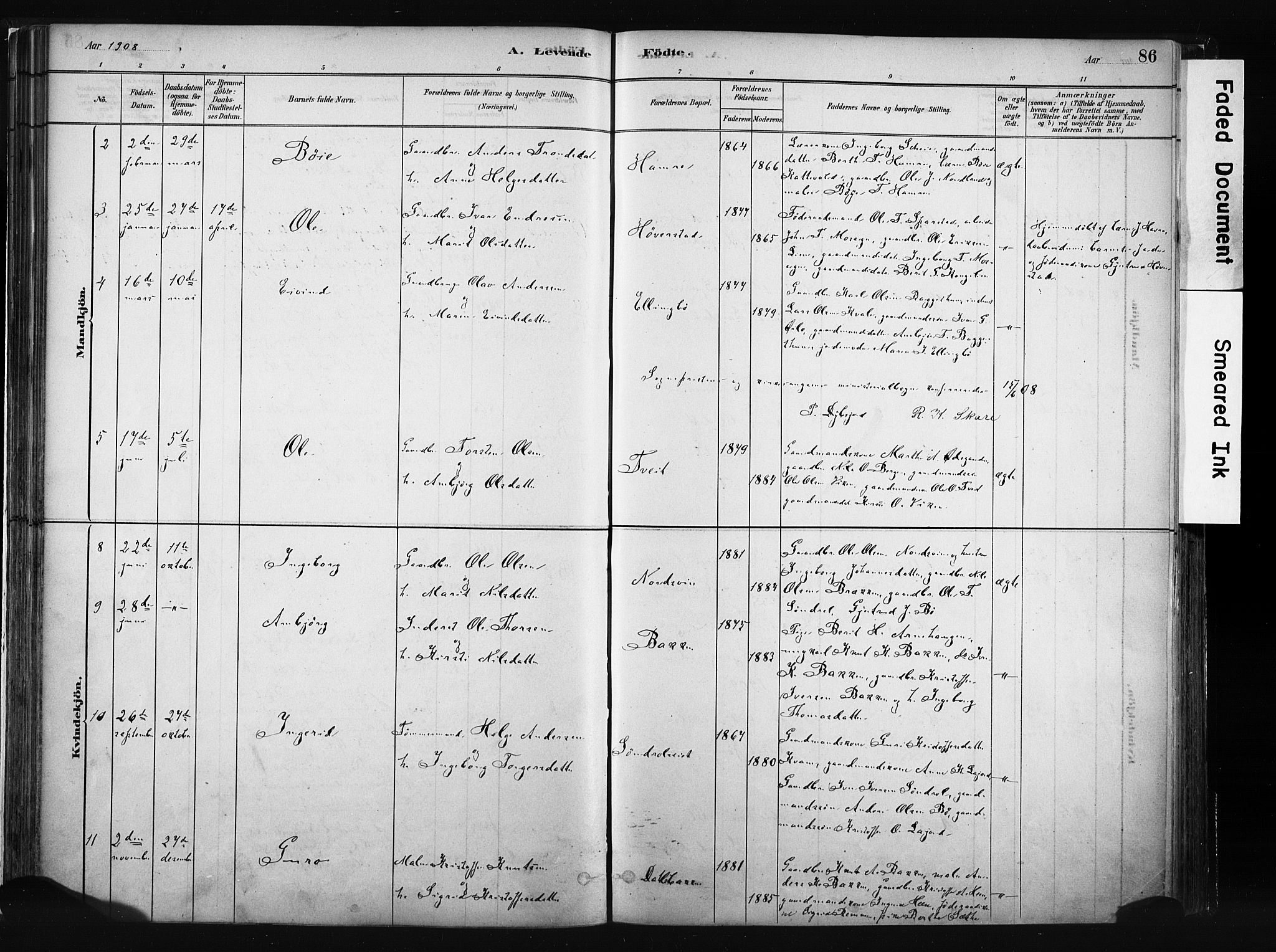 Vang prestekontor, Valdres, AV/SAH-PREST-140/H/Ha/L0008: Parish register (official) no. 8, 1882-1910, p. 86