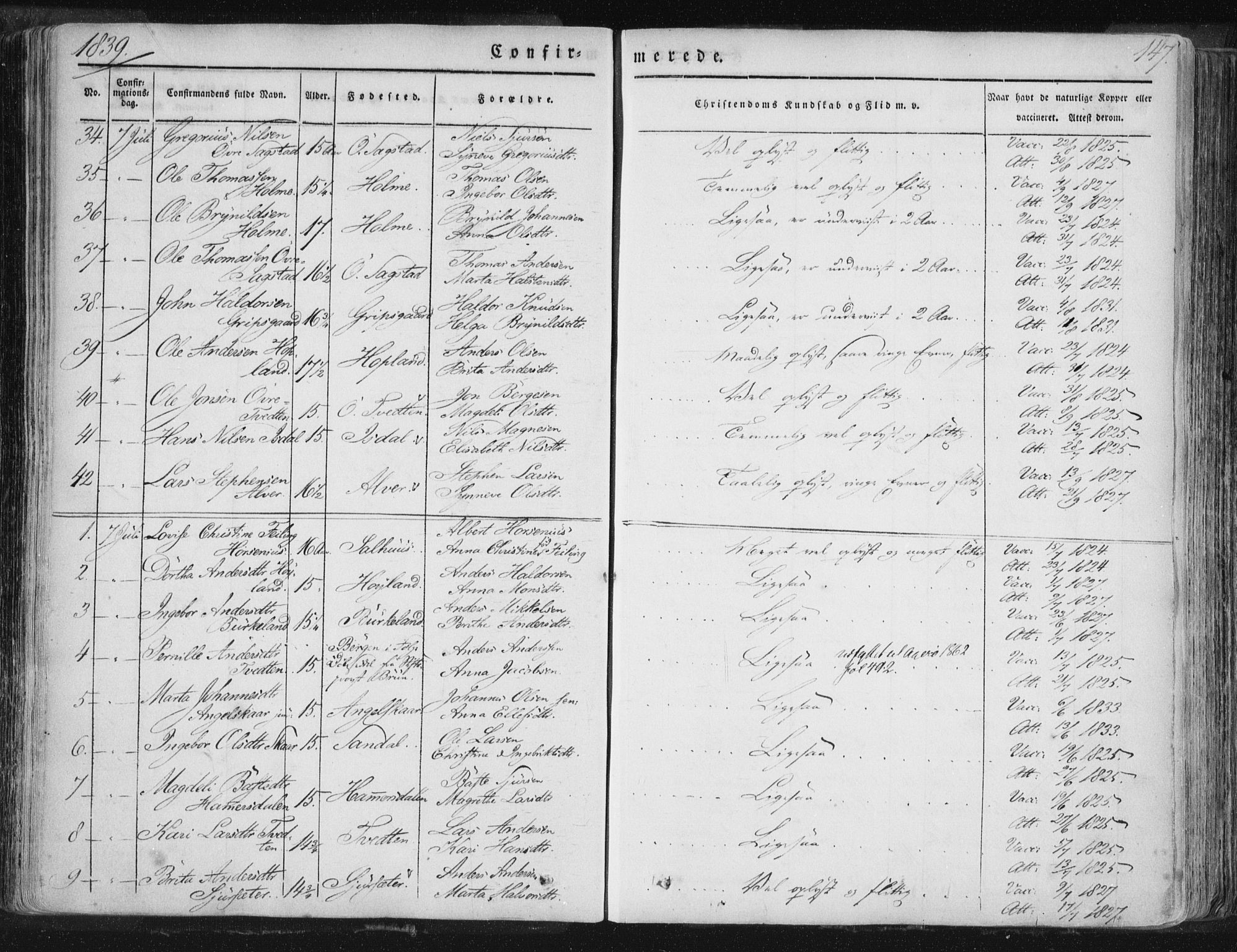 Hamre sokneprestembete, AV/SAB-A-75501/H/Ha/Haa/Haaa/L0012: Parish register (official) no. A 12, 1834-1845, p. 147