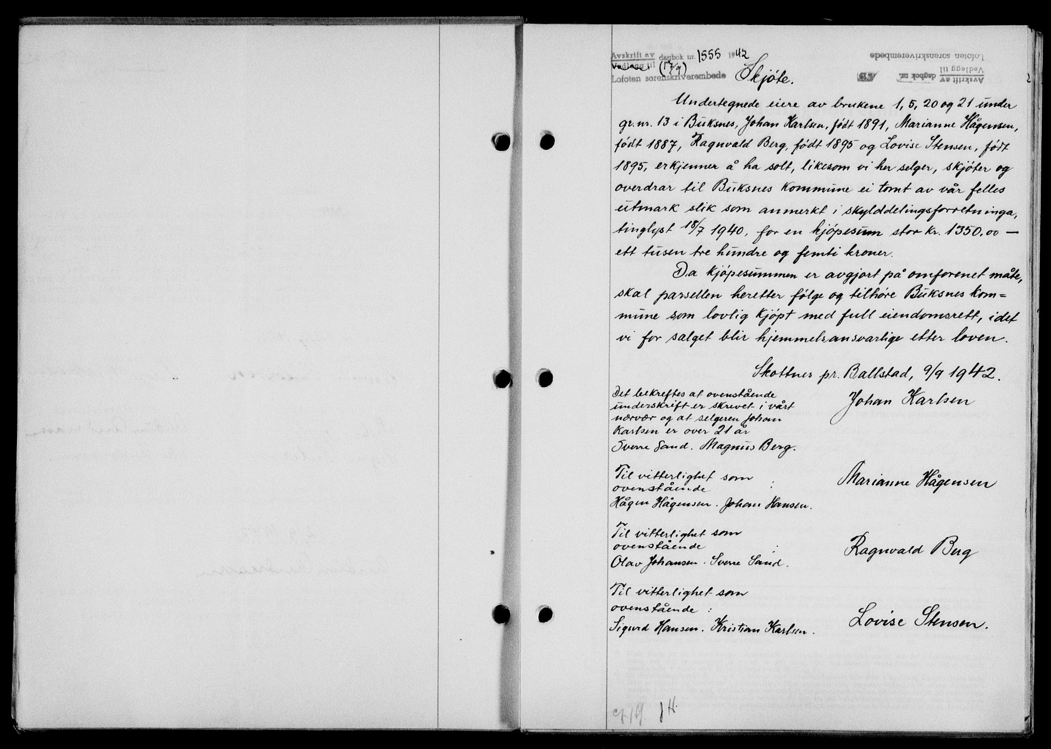 Lofoten sorenskriveri, SAT/A-0017/1/2/2C/L0010a: Mortgage book no. 10a, 1942-1943, Diary no: : 1555/1942