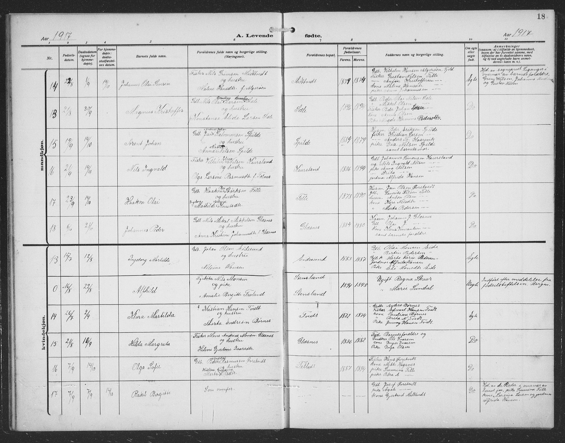 Sund sokneprestembete, AV/SAB-A-99930: Parish register (copy) no. C 1, 1913-1928, p. 18