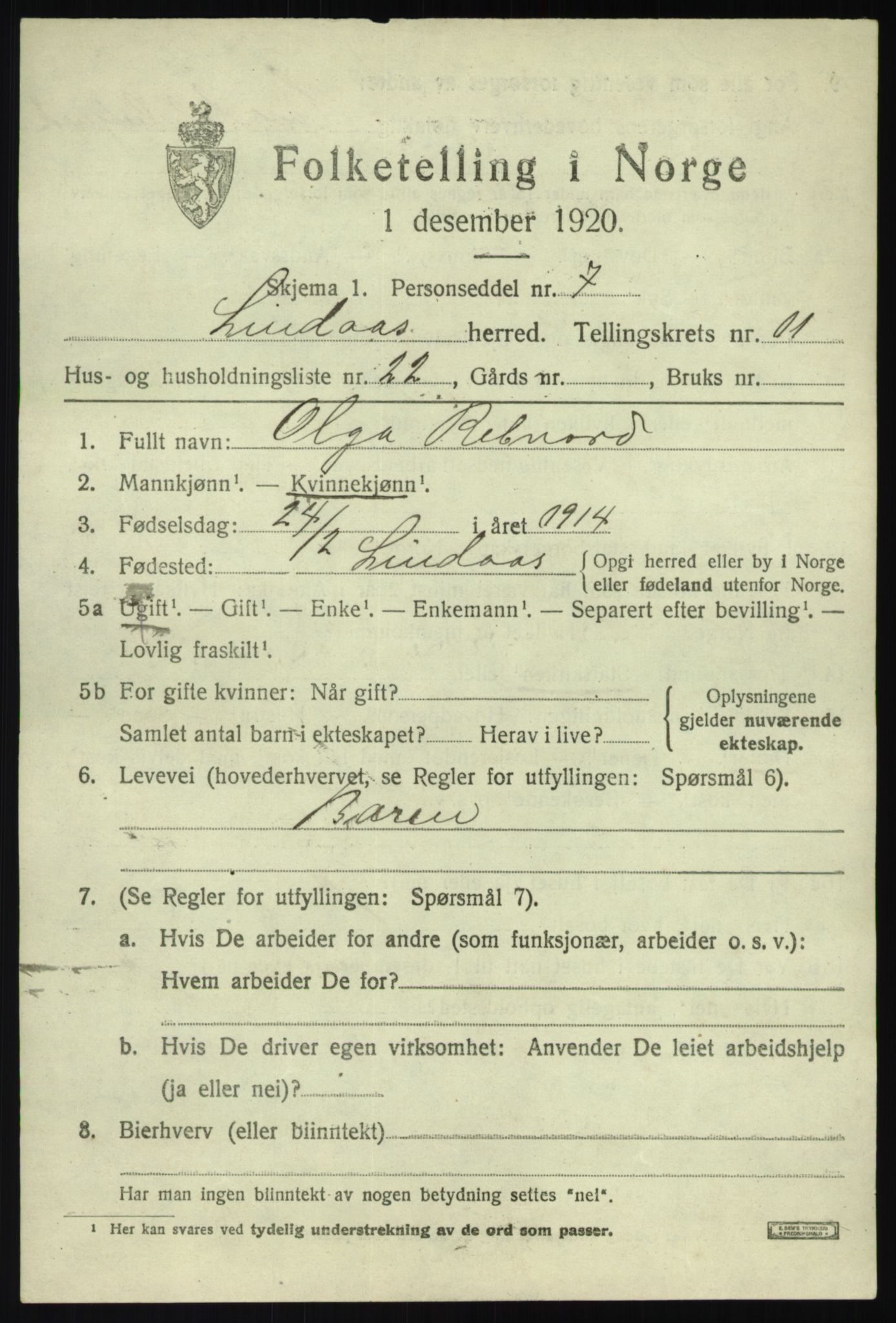 SAB, 1920 census for Lindås, 1920, p. 5915