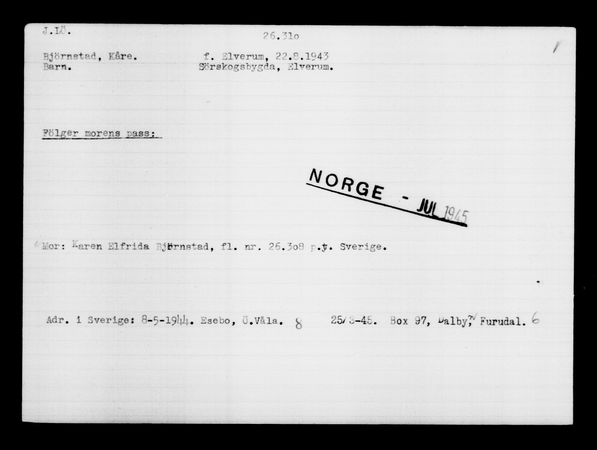 Utenriksstasjonene, Legasjonen i Stockholm, Flyktningkontoret, AV/RA-S-6753/V/Va/L0011: Kjesäterkartoteket, flyktninger med registreringsnr. 25300-28349, 1940-1945, p. 1066