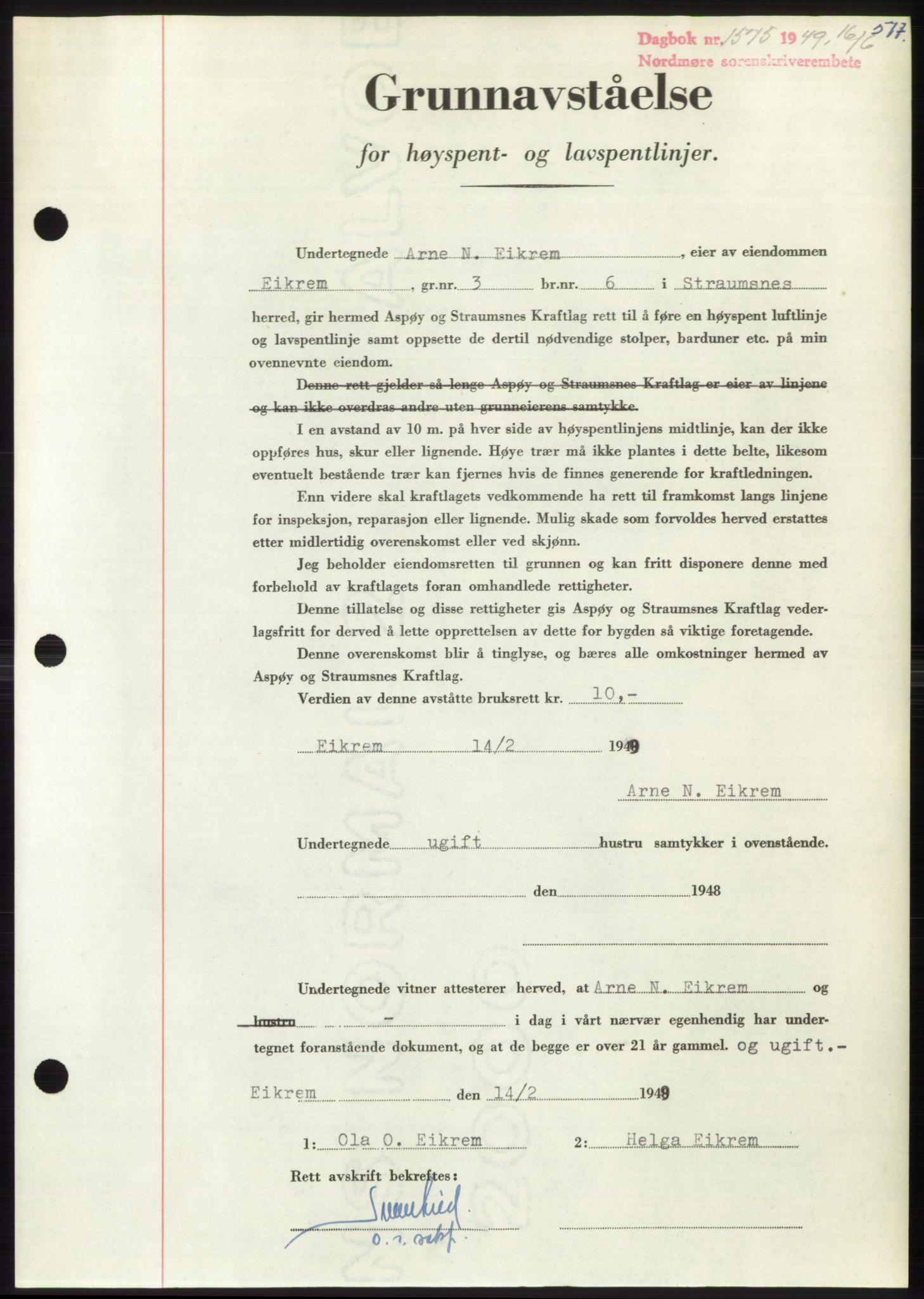 Nordmøre sorenskriveri, AV/SAT-A-4132/1/2/2Ca: Mortgage book no. B101, 1949-1949, Diary no: : 1575/1949