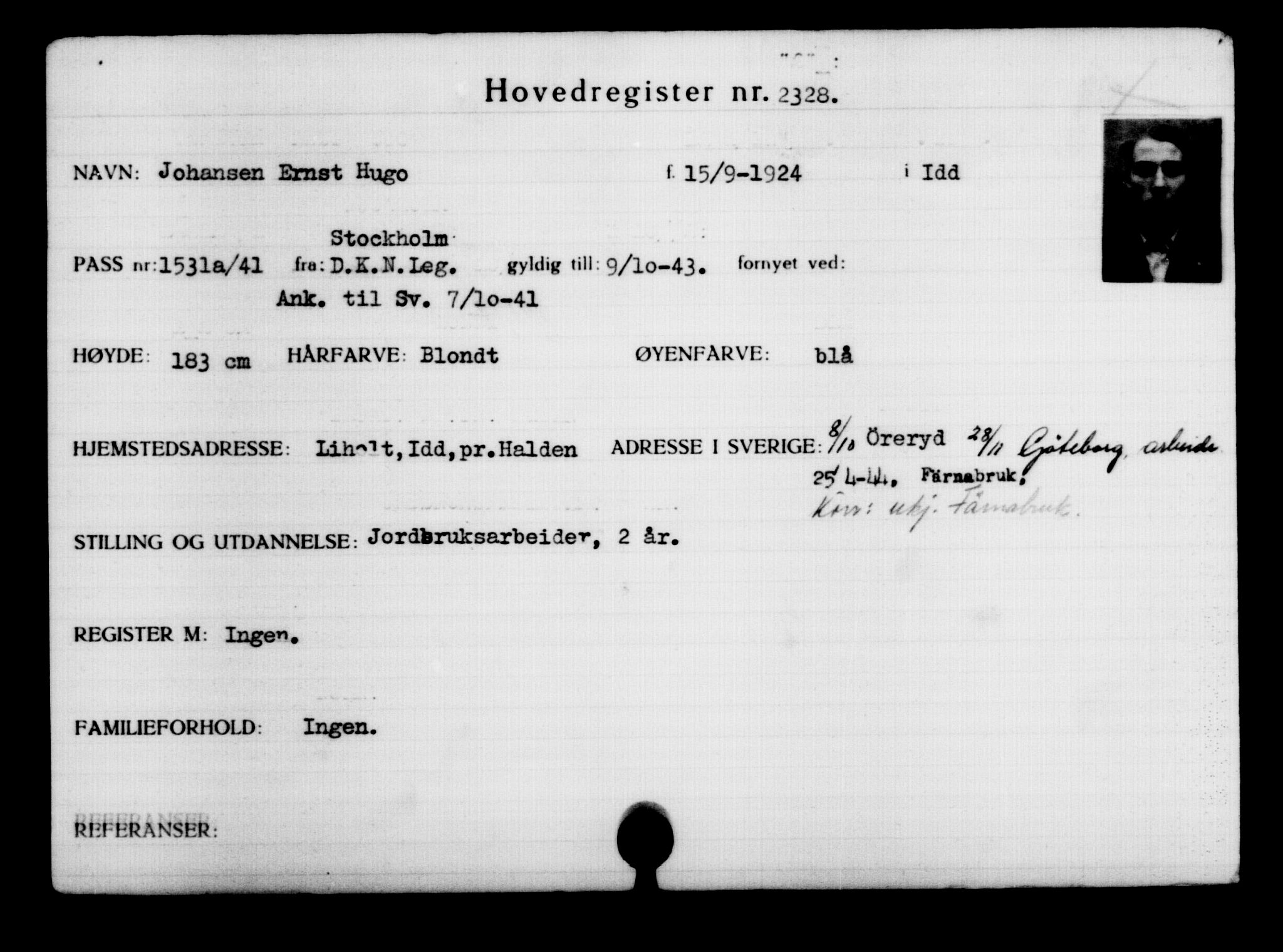 Utenriksstasjonene, Legasjonen i Stockholm, Flyktningkontoret, AV/RA-S-6753/V/Va/L0003: Kjesäterkartoteket, flyktninger med registreringsnr. 2001-3495, 1940-1945, p. 462