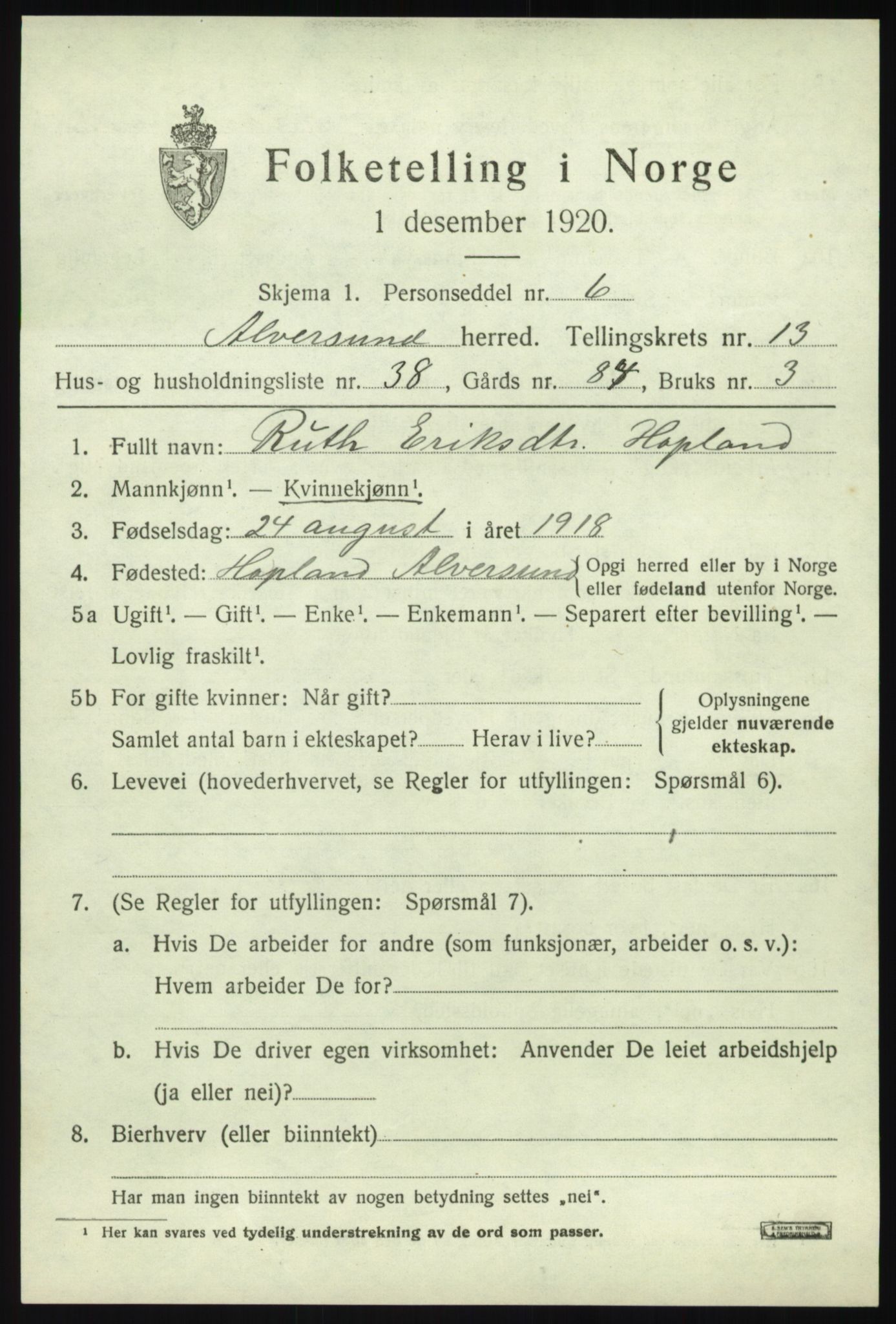 SAB, 1920 census for Alversund, 1920, p. 7654