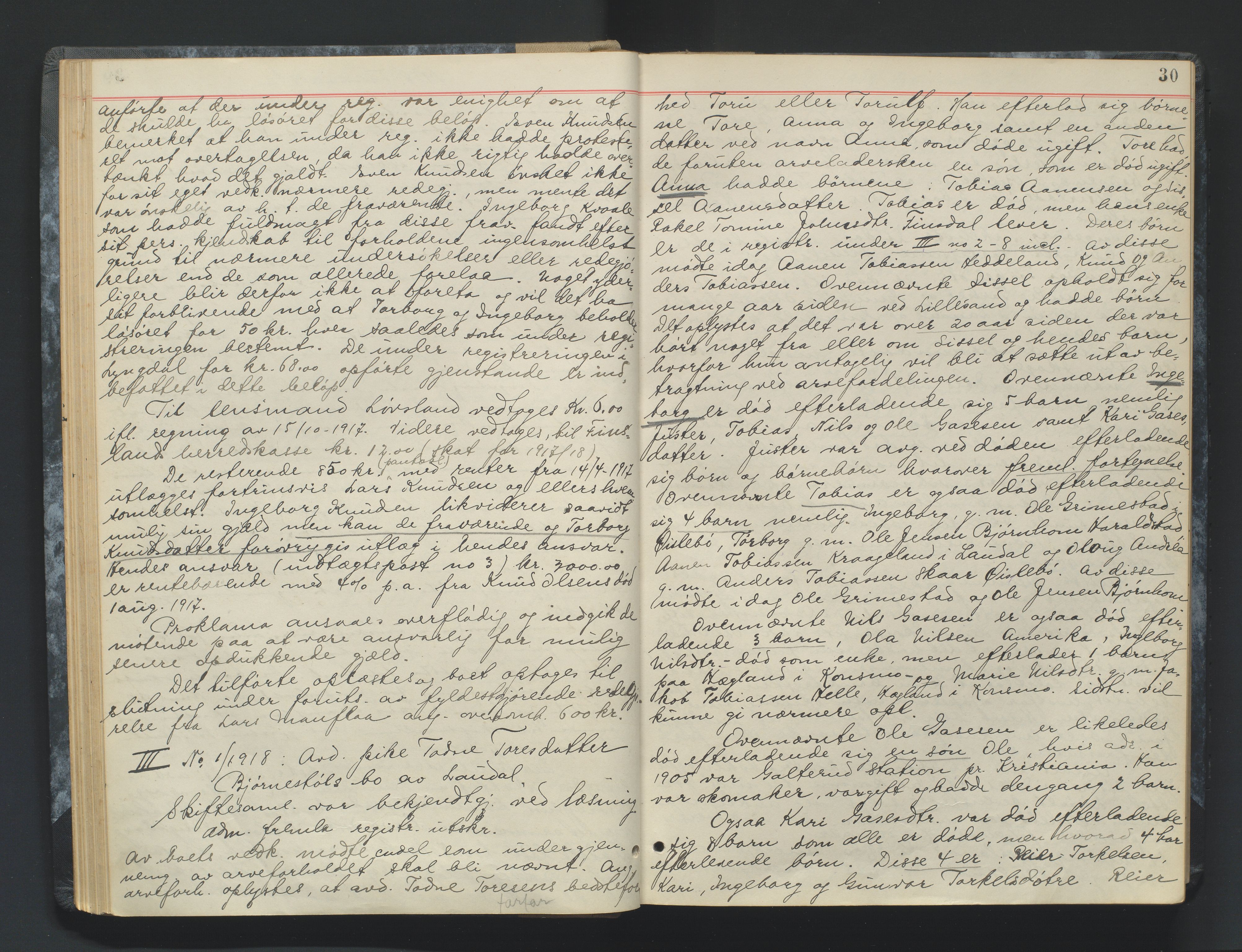 Mandal sorenskriveri, AV/SAK-1221-0005/001/H/Hc/L0083: Skifteforhandlingsprotokoll nr 15, 1917-1921, p. 30