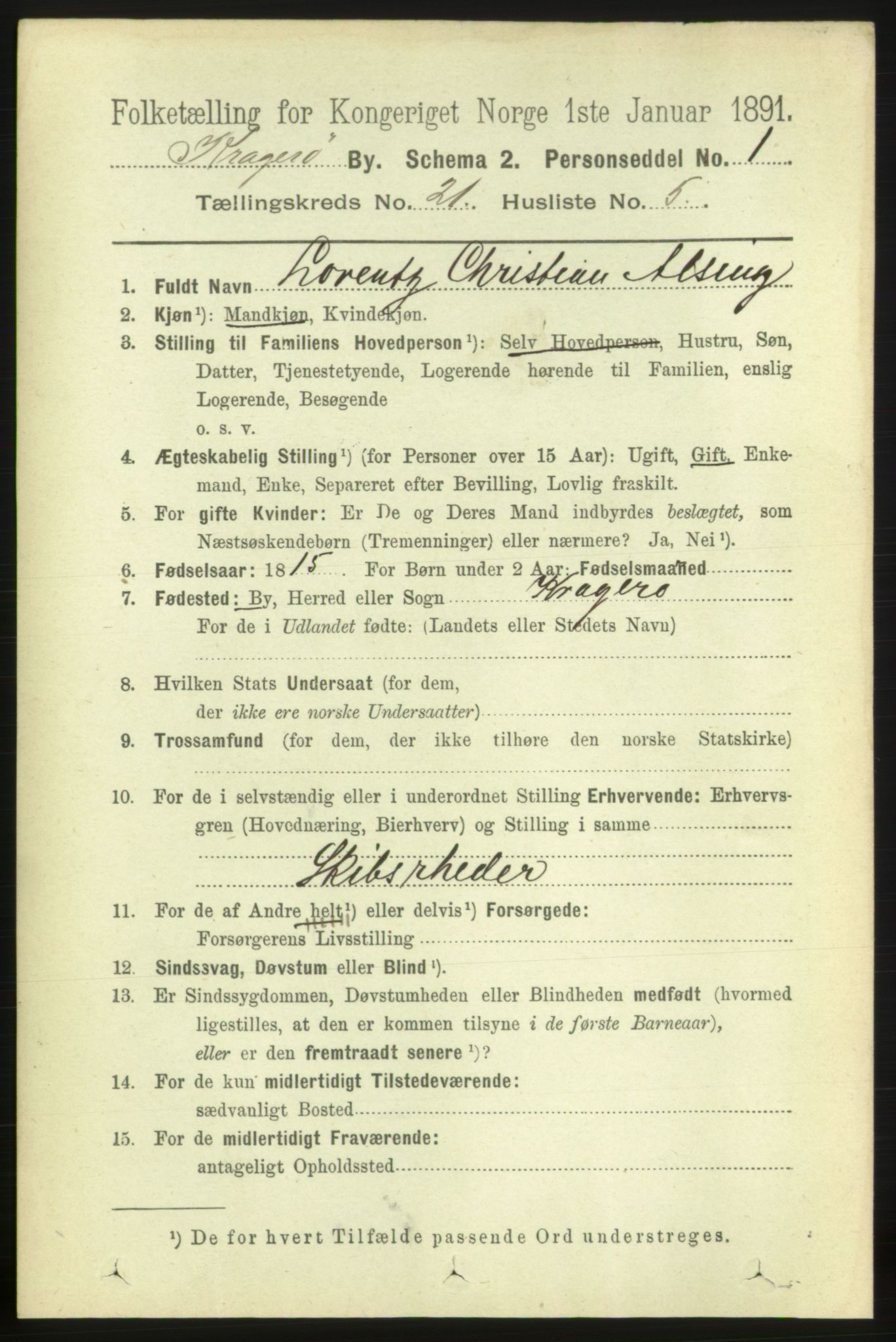 RA, 1891 census for 0801 Kragerø, 1891, p. 4733