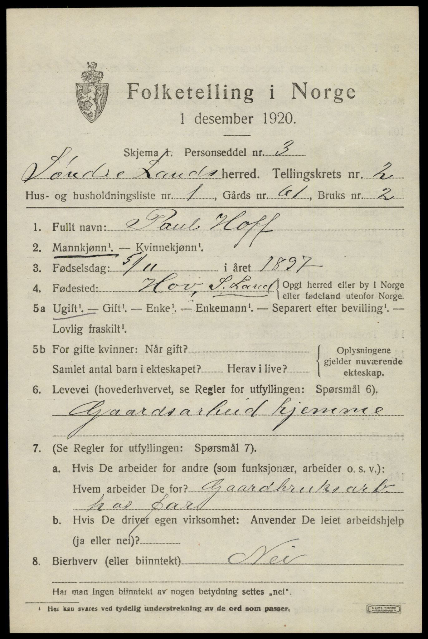 SAH, 1920 census for Søndre Land, 1920, p. 2197