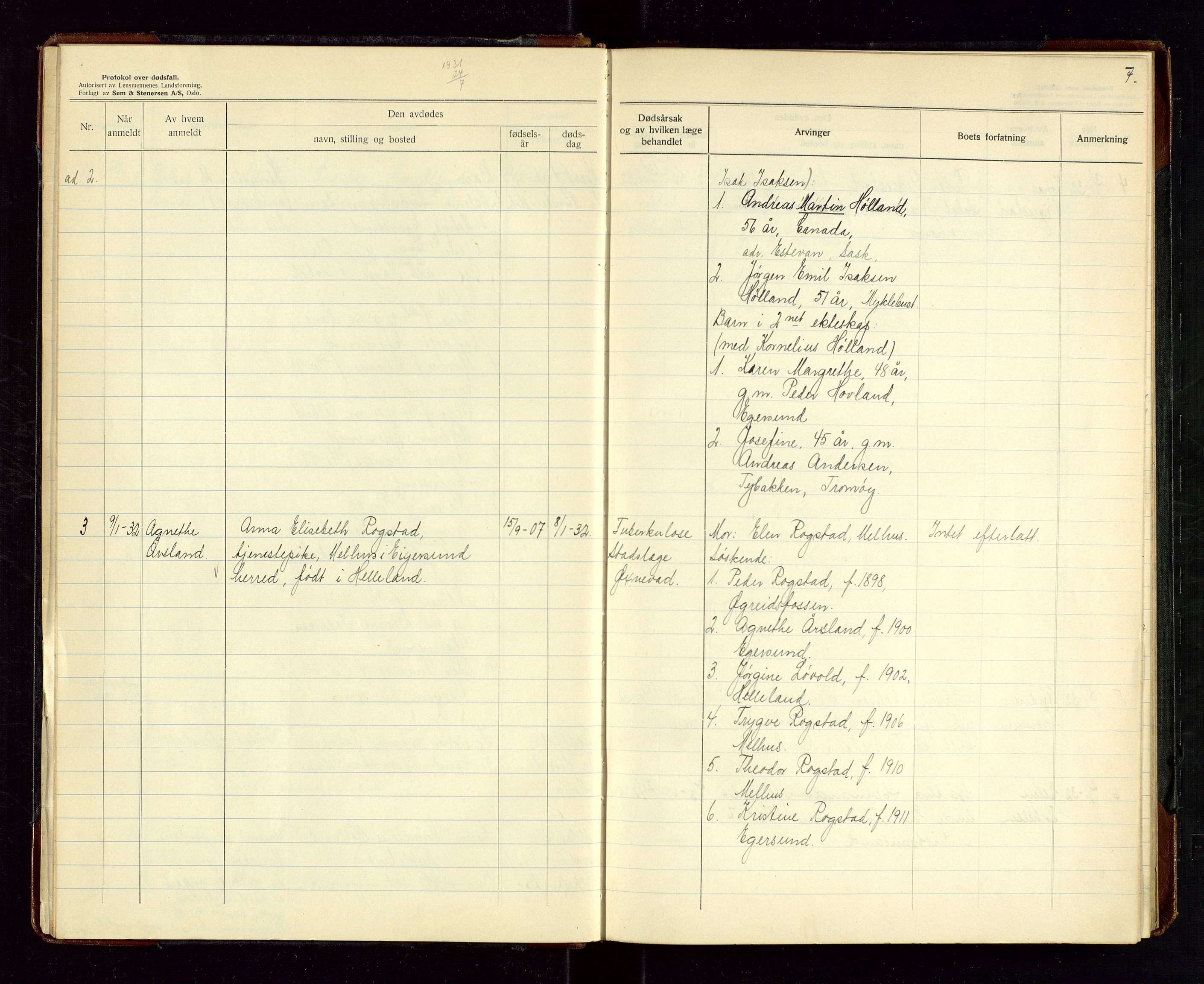 Eigersund lensmannskontor, SAST/A-100171/Gga/L0012: "Protokoll over anmeldte dødsfall" m/alfabetisk navneregister, 1931-1934, p. 7