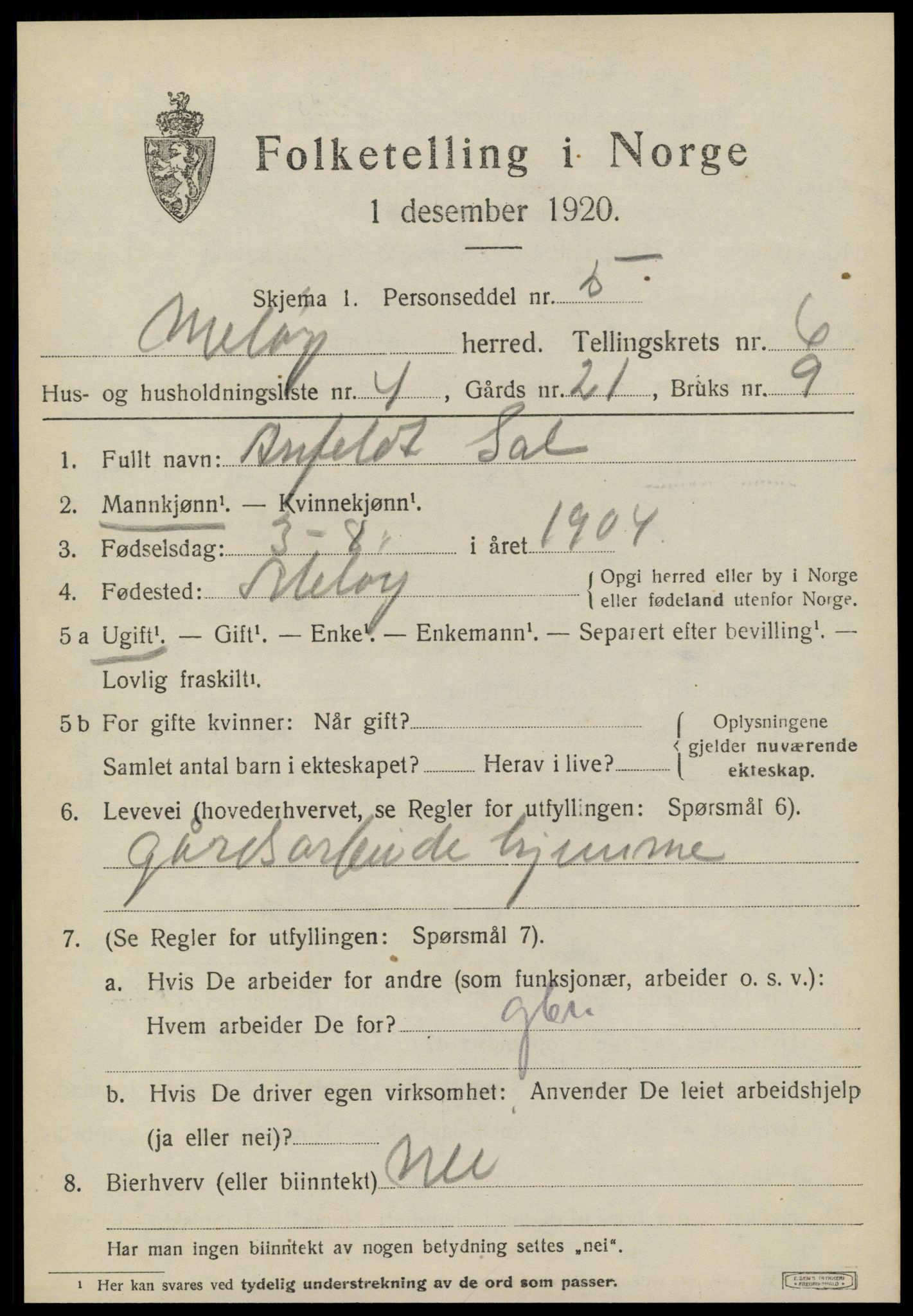 SAT, 1920 census for Meløy, 1920, p. 3443