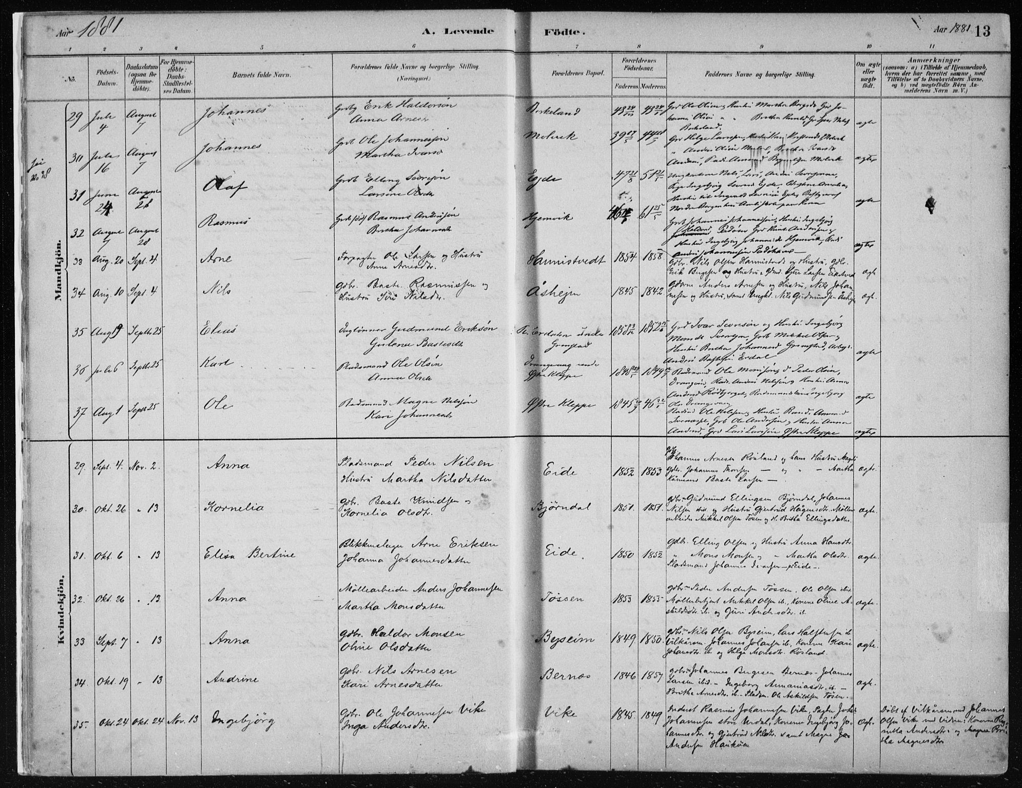 Hosanger sokneprestembete, AV/SAB-A-75801/H/Haa: Parish register (official) no. B  1, 1880-1896, p. 13