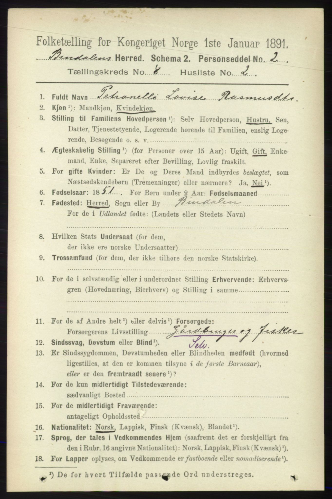 RA, 1891 census for 1811 Bindal, 1891, p. 2616