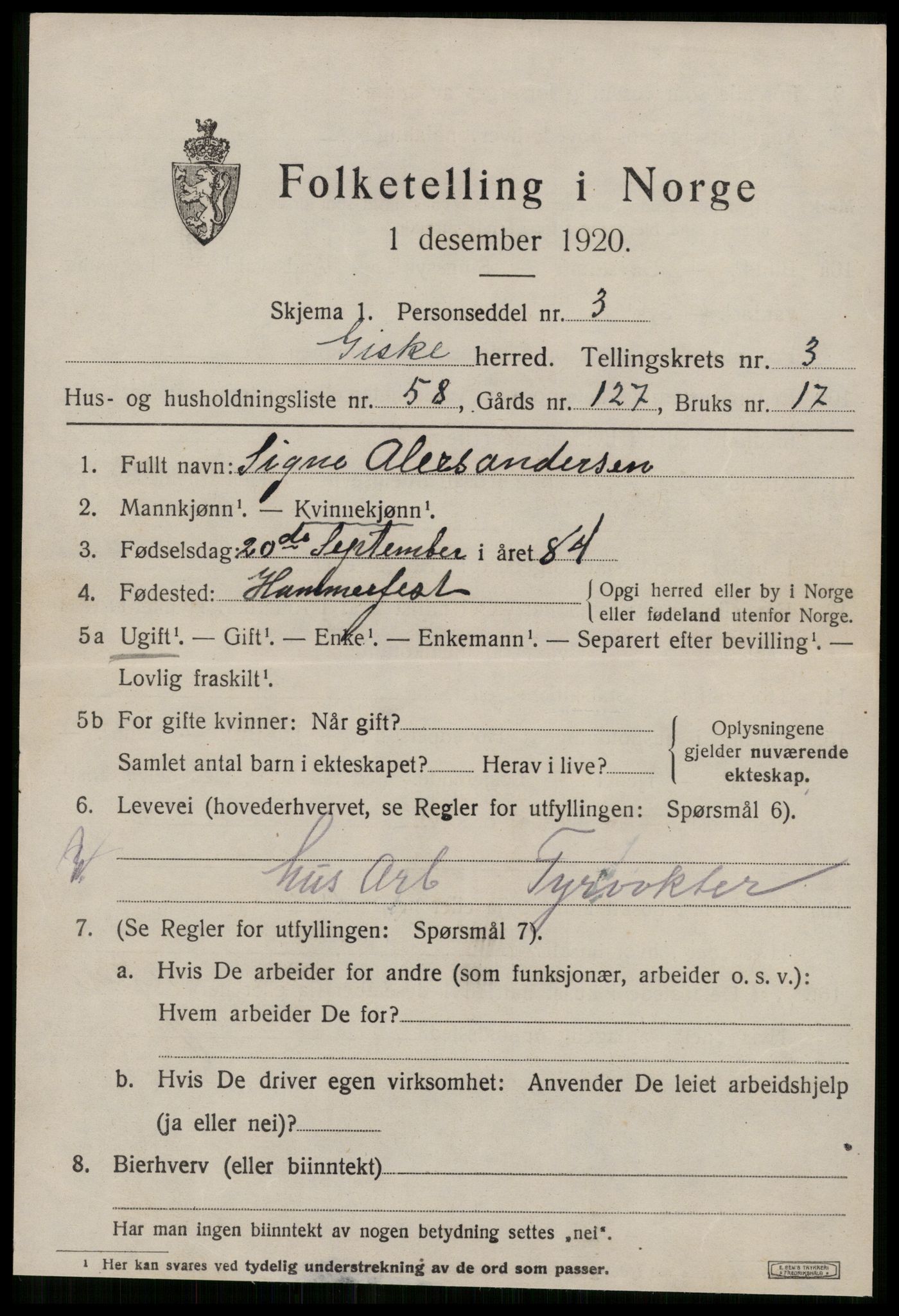 SAT, 1920 census for Giske, 1920, p. 2622