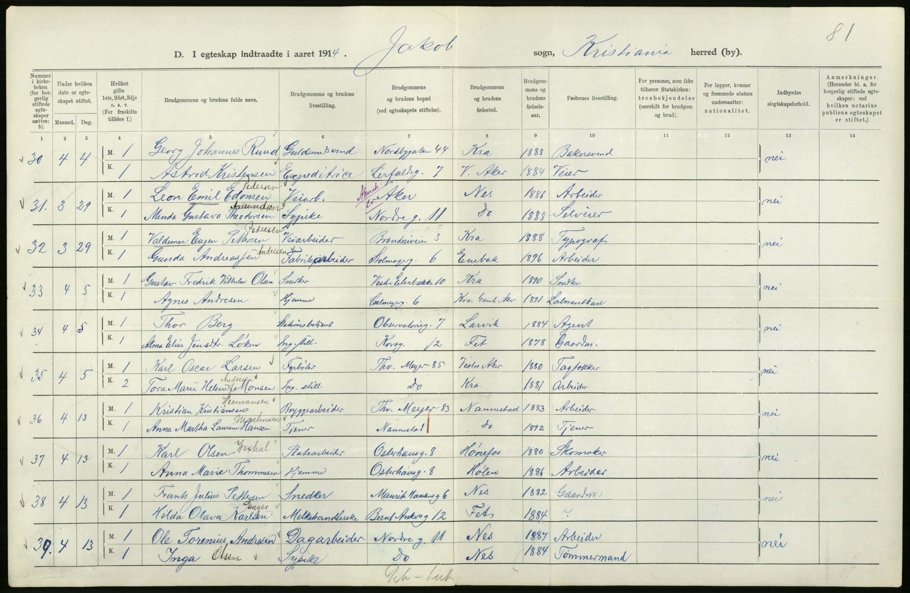 Statistisk sentralbyrå, Sosiodemografiske emner, Befolkning, AV/RA-S-2228/D/Df/Dfb/Dfbd/L0007: Kristiania: Gifte, 1914, p. 28