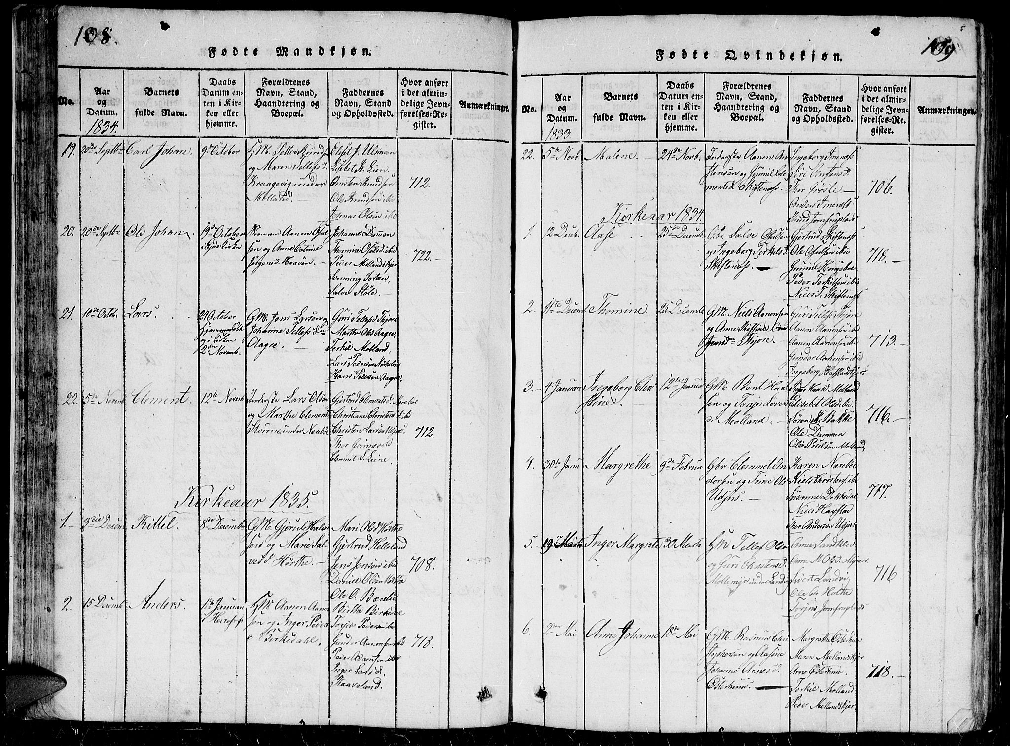 Hommedal sokneprestkontor, SAK/1111-0023/F/Fb/Fbb/L0003: Parish register (copy) no. B 3 /1, 1816-1850, p. 108-109