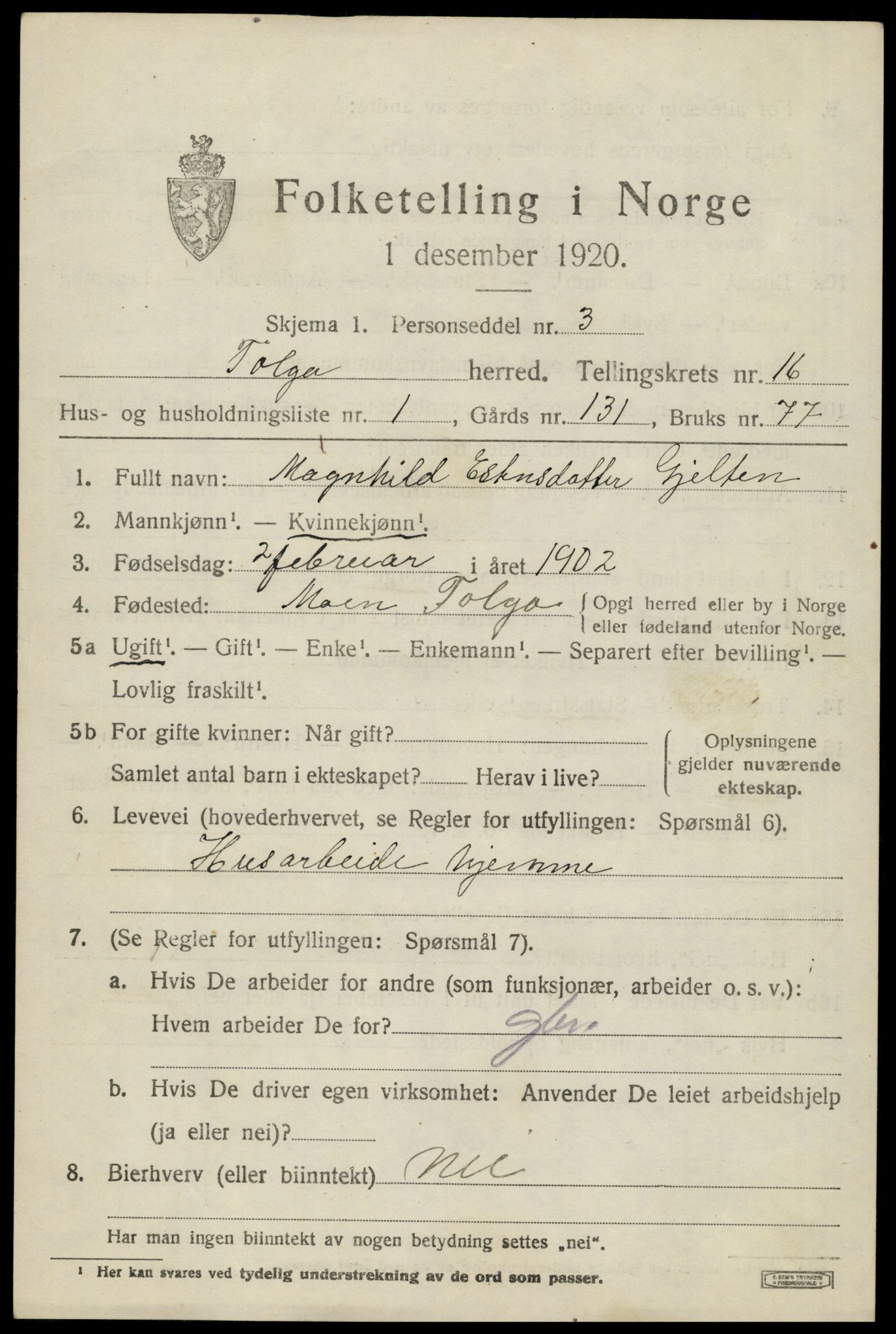 SAH, 1920 census for Tolga, 1920, p. 7381