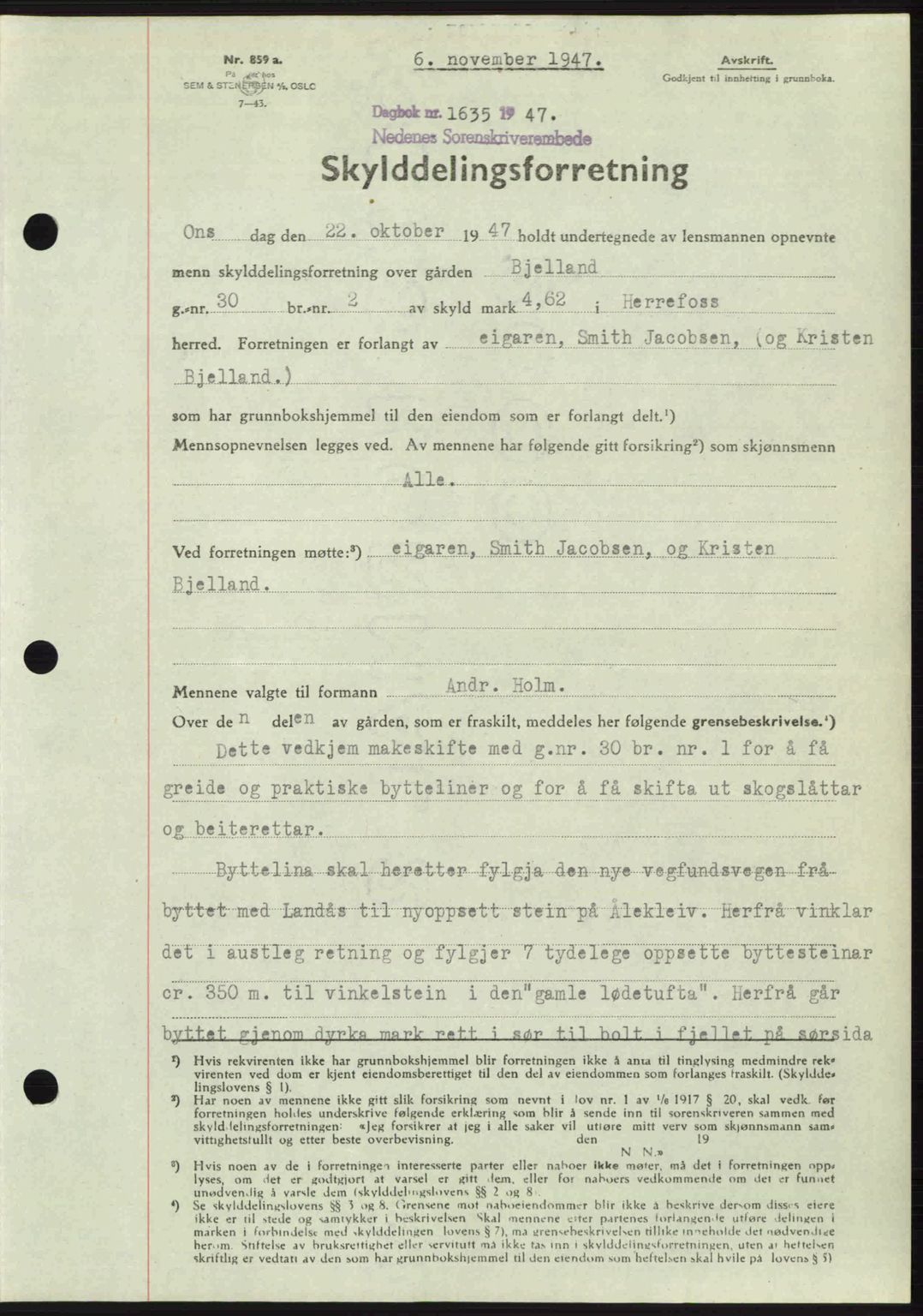 Nedenes sorenskriveri, SAK/1221-0006/G/Gb/Gba/L0058: Mortgage book no. A10, 1947-1948, Diary no: : 1635/1947