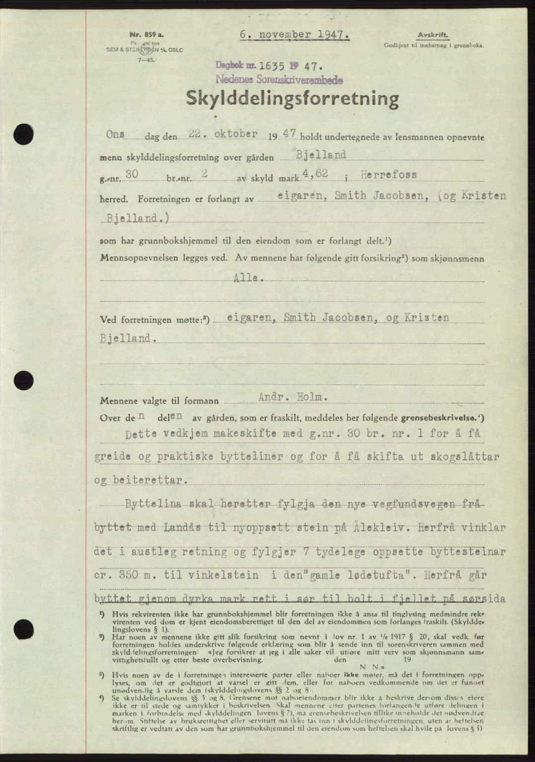 Nedenes sorenskriveri, AV/SAK-1221-0006/G/Gb/Gba/L0058: Mortgage book no. A10, 1947-1948, Diary no: : 1635/1947