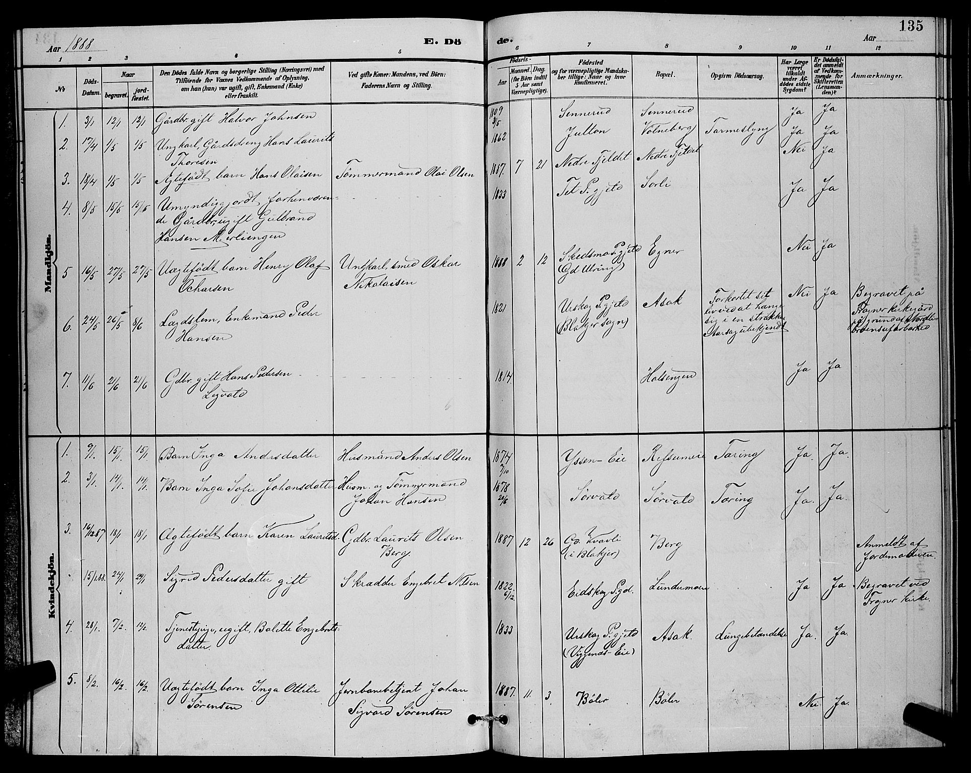 Sørum prestekontor Kirkebøker, SAO/A-10303/G/Ga/L0005: Parish register (copy) no. I 5.1, 1886-1894, p. 135